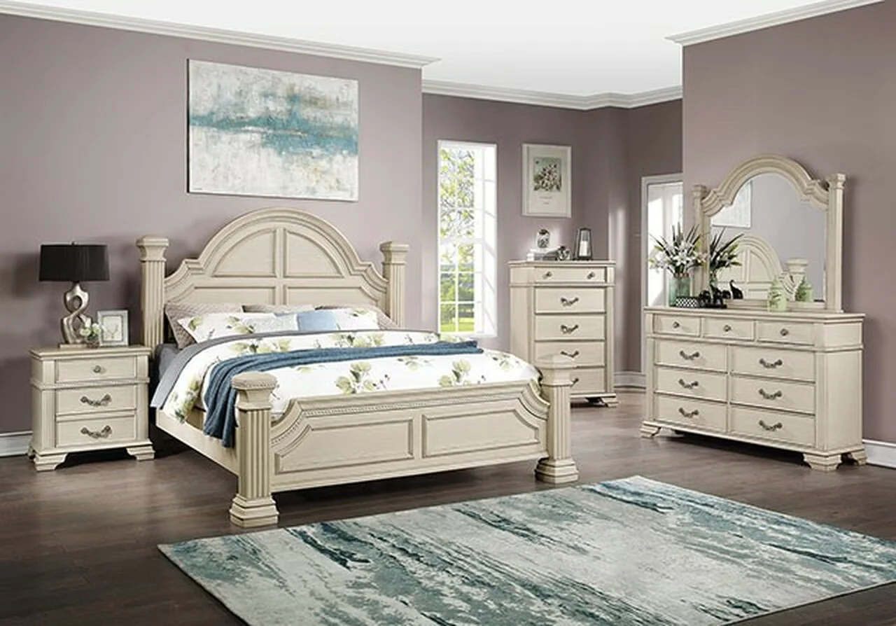 Formal Traditional Style 3pc Bedroom Set Solid Wood Antique White Eastern King Size Bed 2x Nightstand Furniture