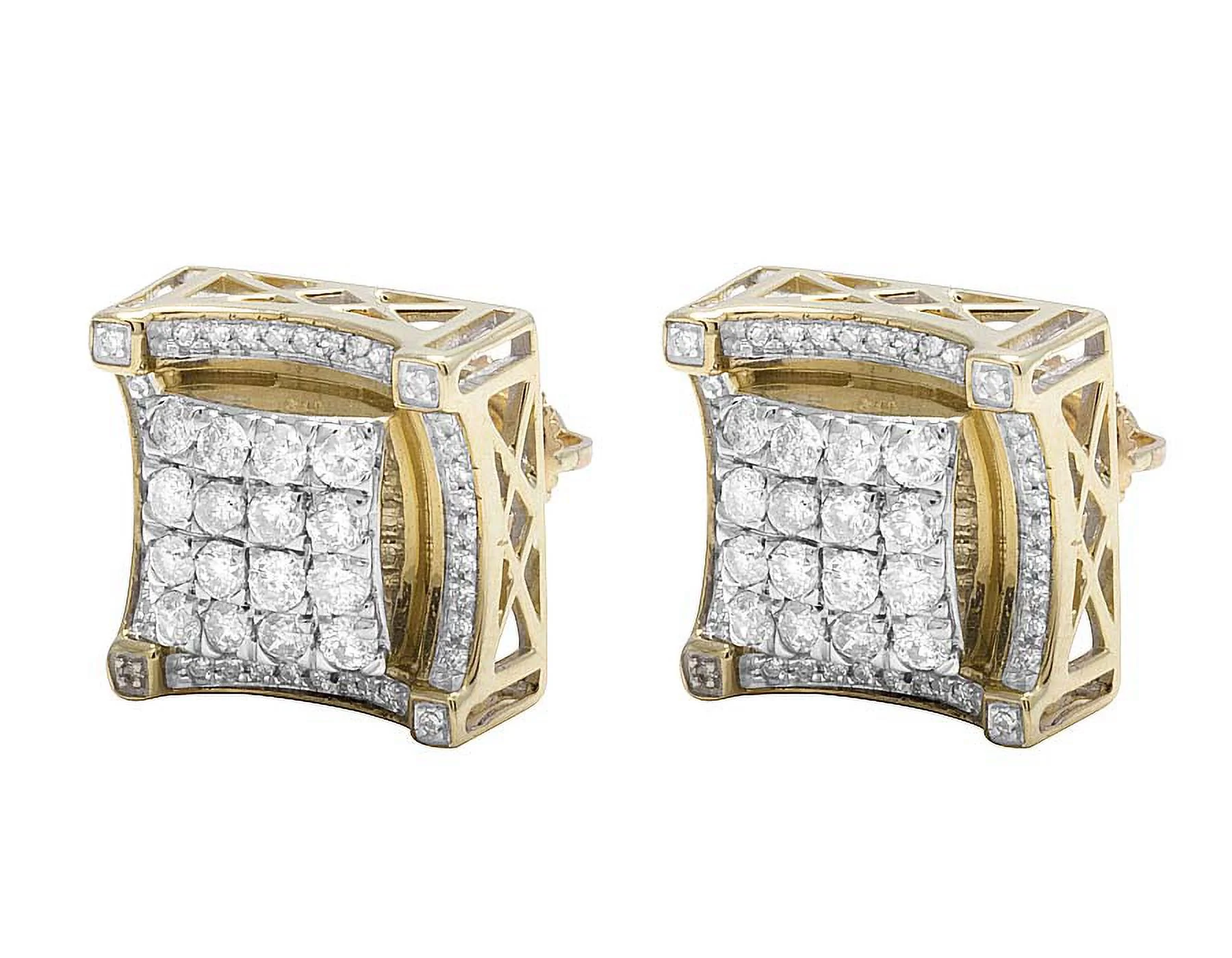 10K Yellow Gold Genuine Diamond Square 3D Stud Earrings 1.4Ct 12MM