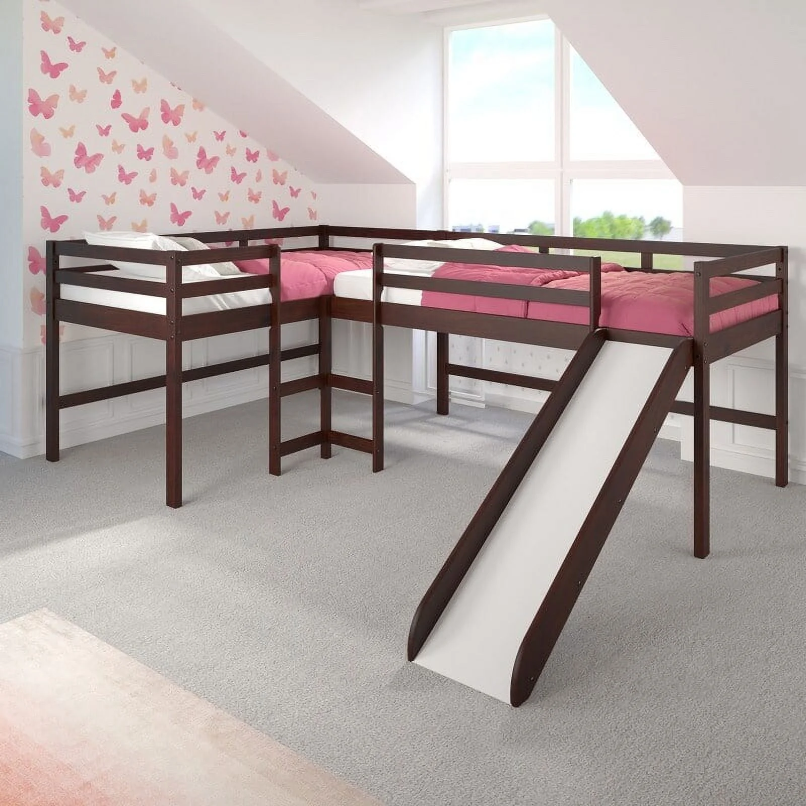 Double Twin L-Shaped Slide Loft with Optional Tent Pink With Pink Tent