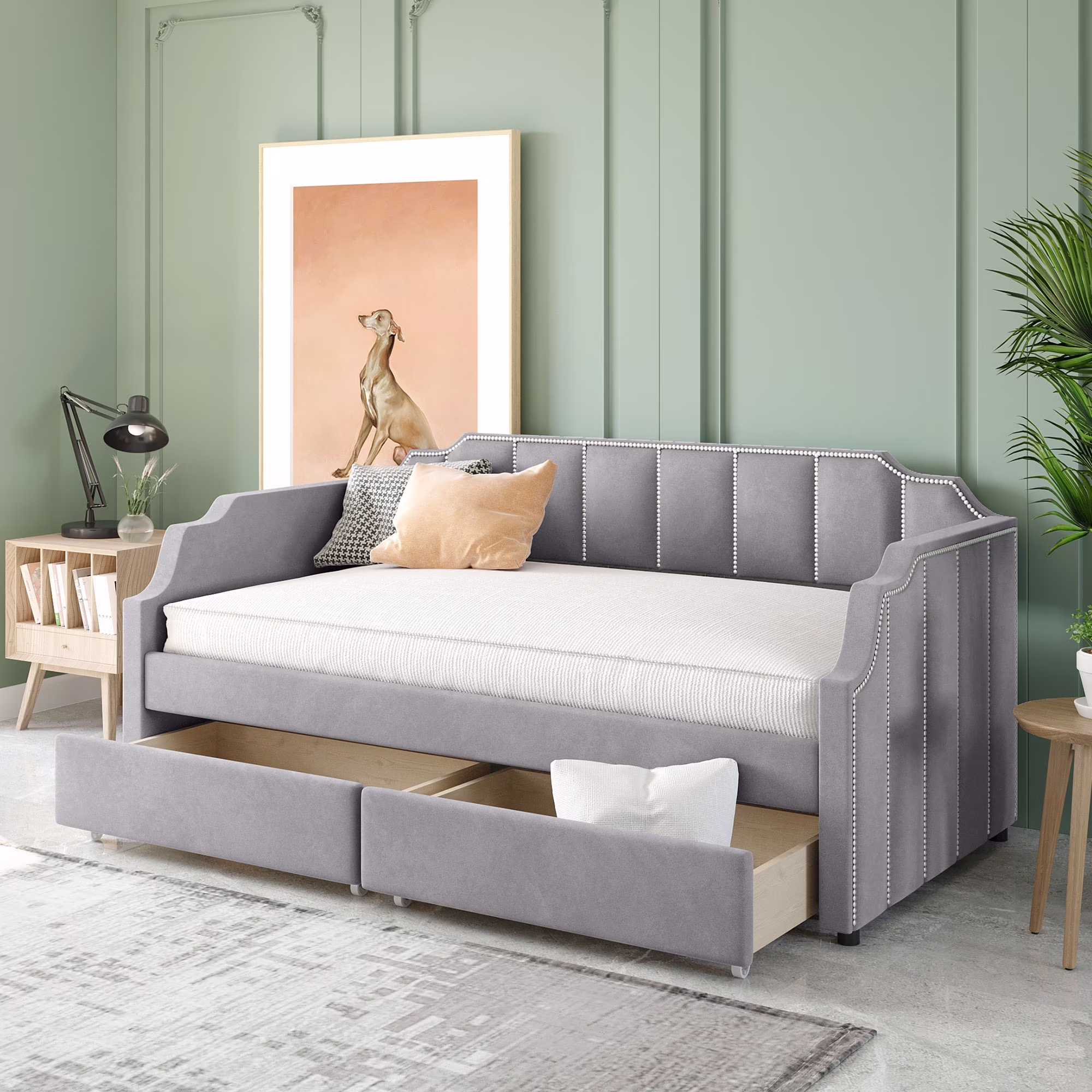 CoSoTower Twin Size Upholstered Daybed With Drawers, Wood Slat Support, Gray
