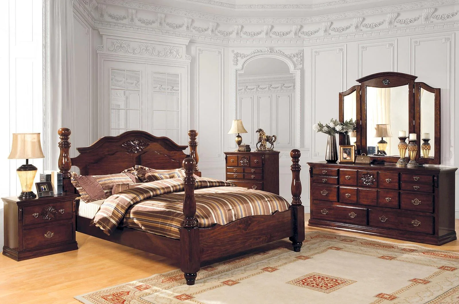 Traditional Dark Pine Solid Wood King Bedroom Set 3pcs FOA CM7571-EK Tuscan