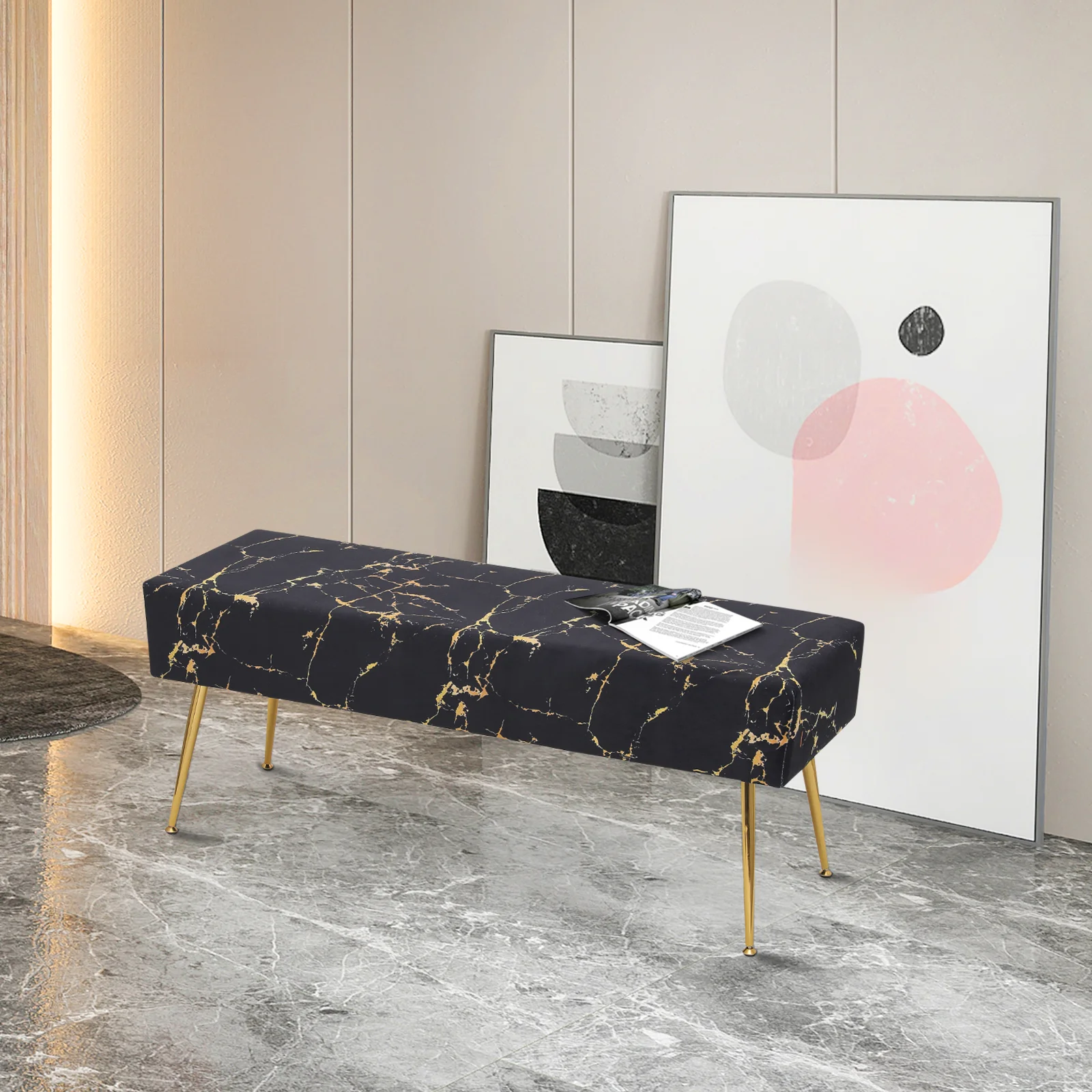 Magshion Rectangular Tufted Velvet Marbling Pattern Ottoman, Entryway Microfiber Shoe Stool, Bedroom End of Bed Bench, Home Footrest Footstool, Black/Gold