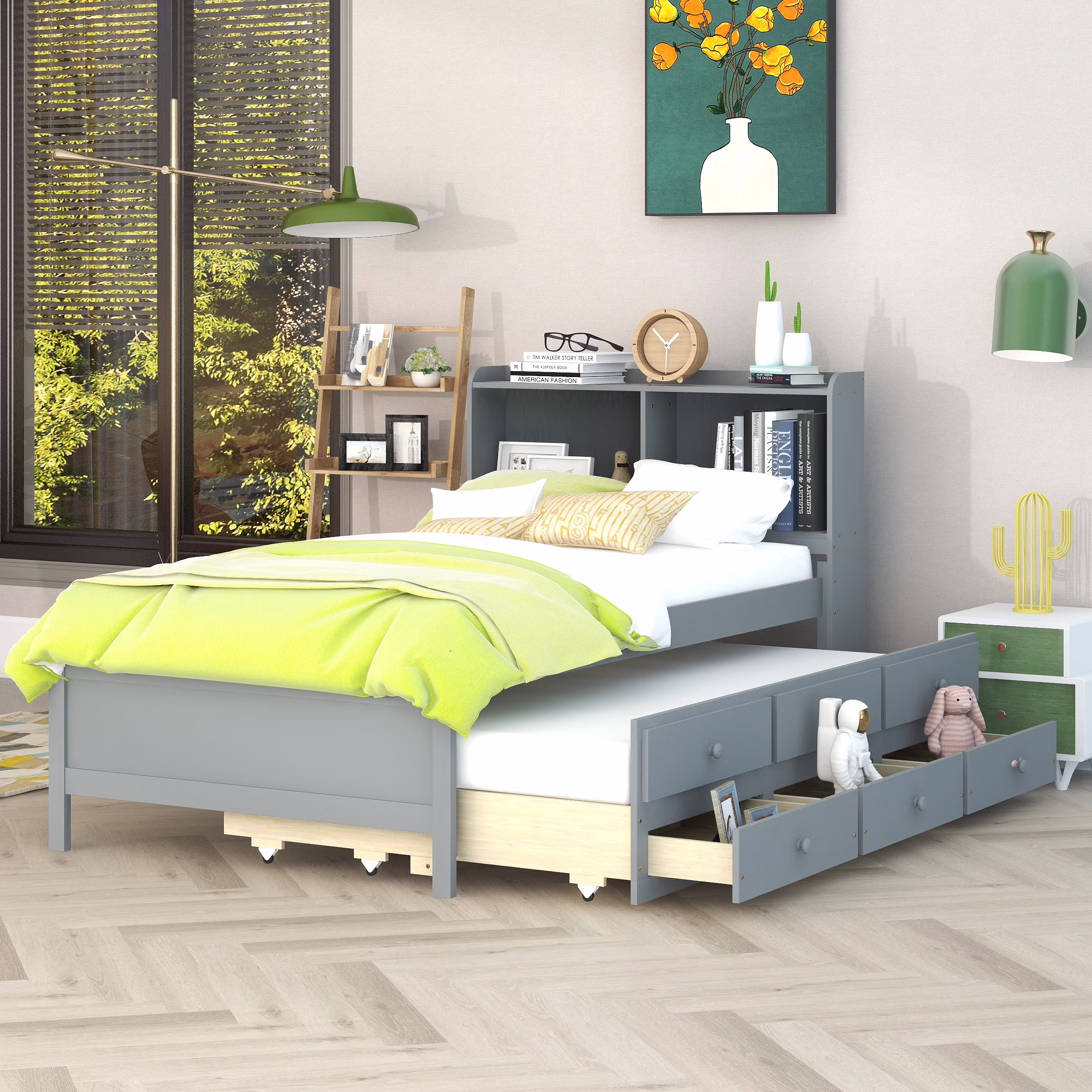 Bellemave Twin Bed with Storage Drawers and Trundle, Wooden Twin Size Platform Bed with Bookcase Headboard, Twin Storage Bed and Trundle Bed for Kids Teens Adults(Twin,Gray)