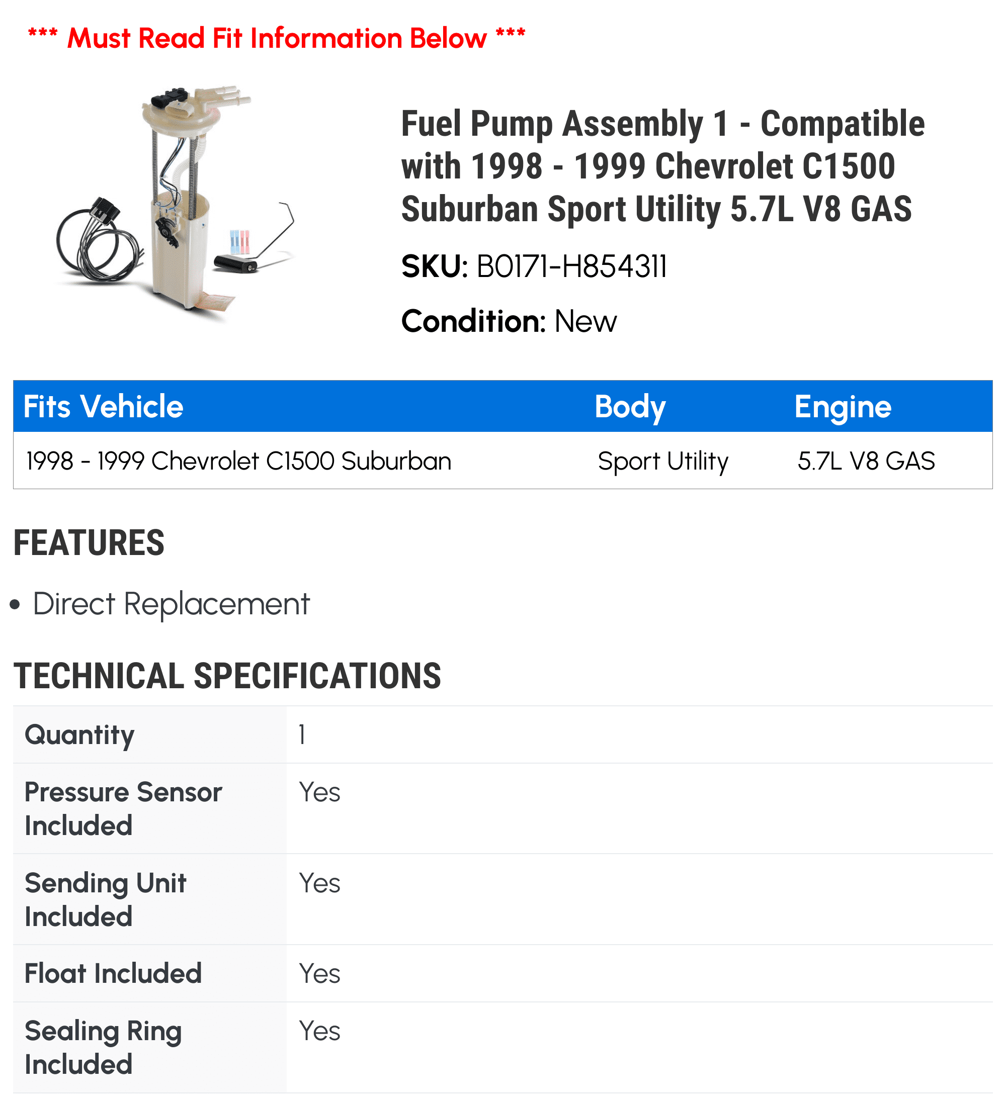 Fuel Pump Assembly 1 - Compatible with 1998 - 1999 Chevy C1500 Suburban Sport Utility 5.7L V8 GAS