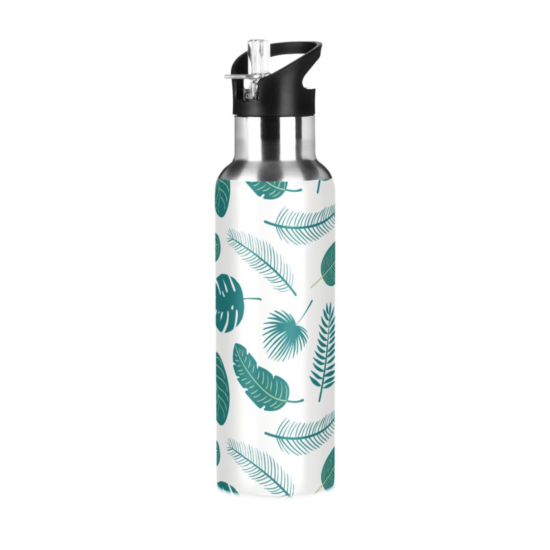 Palm Tree Leaves Tropical Water Bottles Insulated Thermos Kids Stainless Steel Bottle with Straw Lid Flask Leakproof for Sports Gym 20 oz