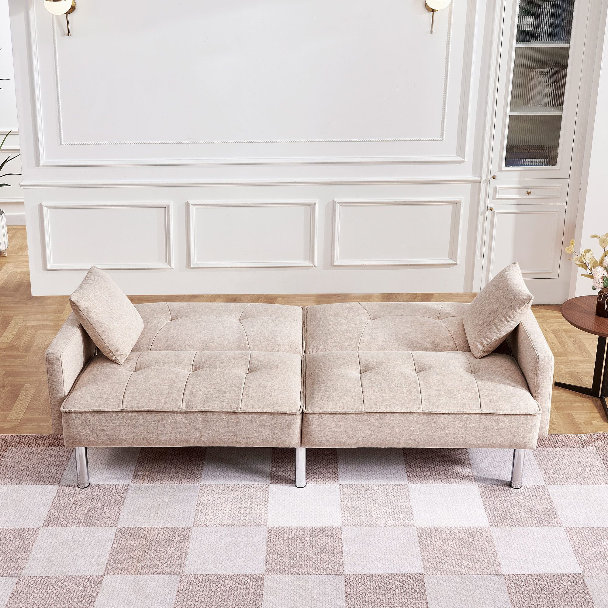 Moootto  84.6 in. Extra Long Modern Tufted Beige Fabric Futon Adjustable Sofa Bed & Folding Daybed Guest Bed, Upholstered Modern Convertible Sofa