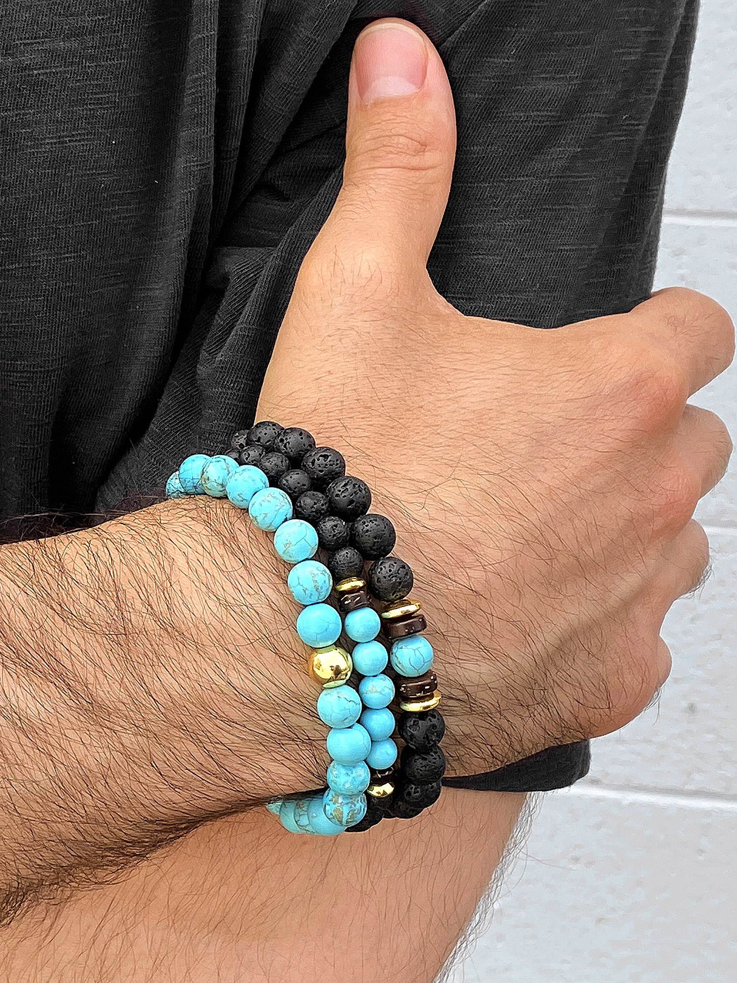 Coastal Jewelry Men's Turquoise Stone with Gold Plated Hematite, Lava and Wood Beaded Stretch Bracelet Set of 3