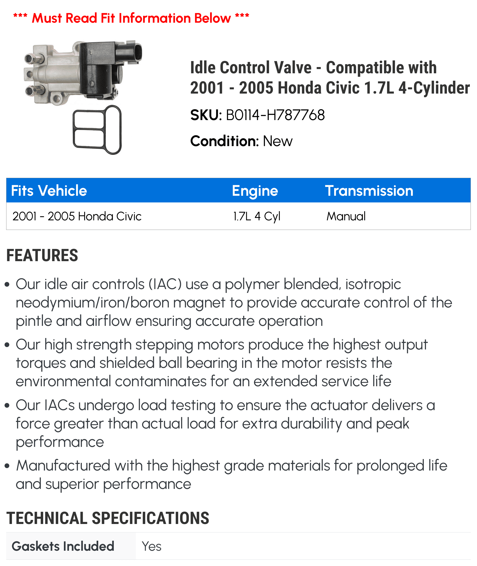 Idle Control Valve - Compatible with 2001 - 2005 Honda Civic 1.7L 4-Cylinder 2002 2003 2004