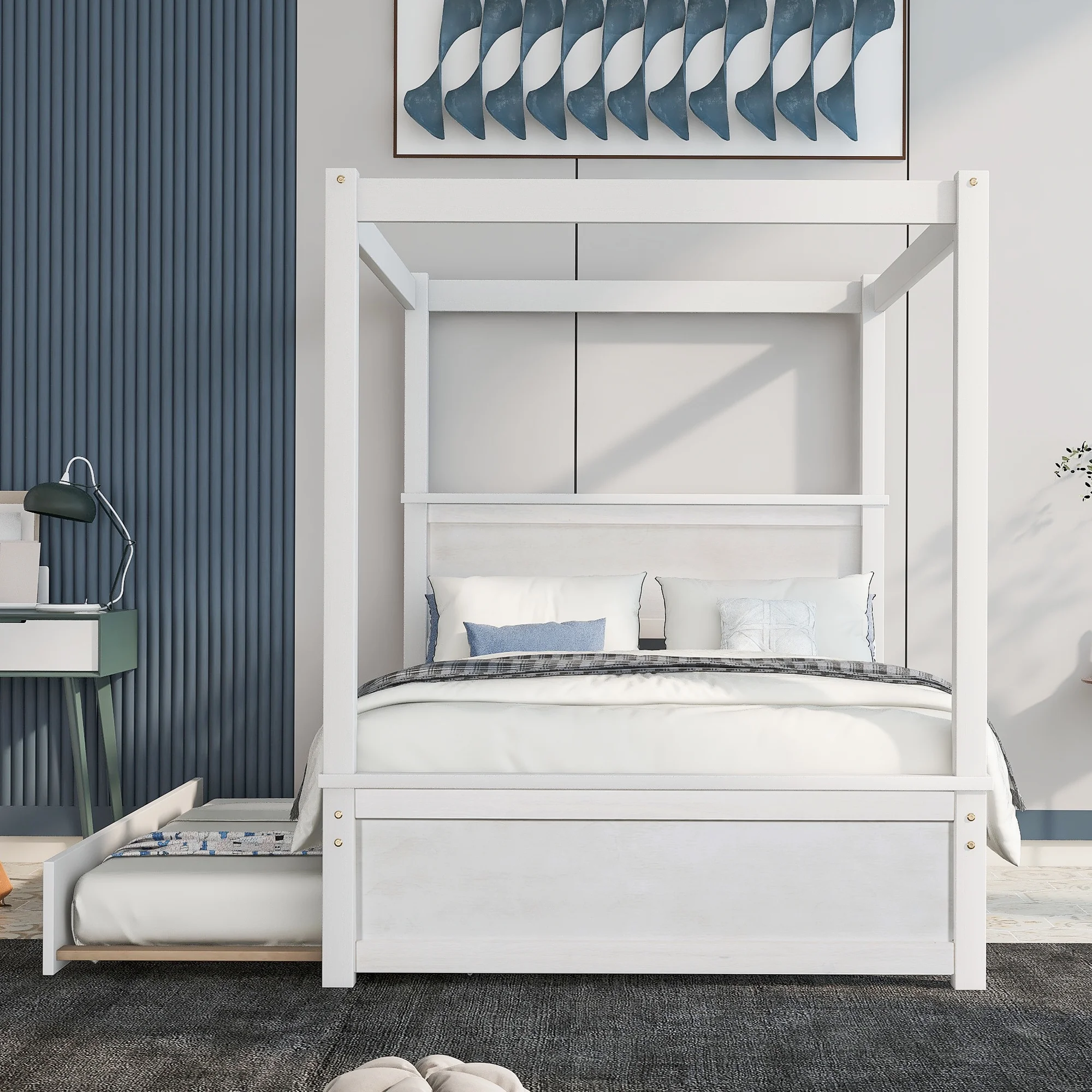 ikayaa Wood Canopy Bed with Trundle Bed ,Full Size Canopy Platform bed With Support Slats .No Box Spring Needed, White