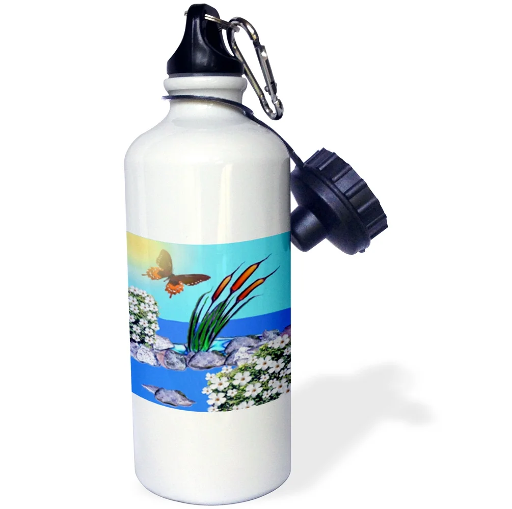 3dRose Reeds Butterfly, Sports Water Bottle, 21oz