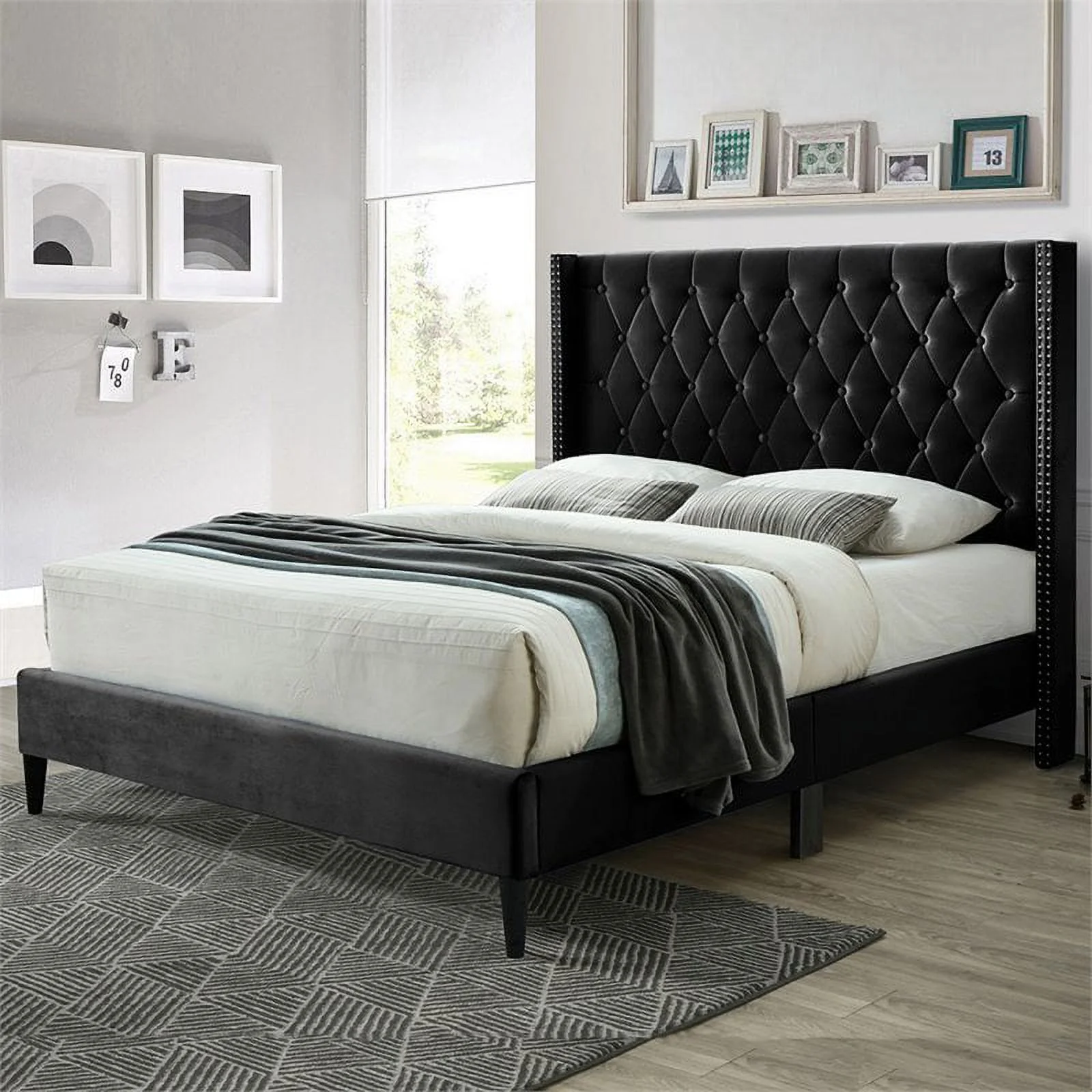 Home Square 2-Piece Set with Tufted Queen Bed & 5-Drawer Tall Chest Wardrobe