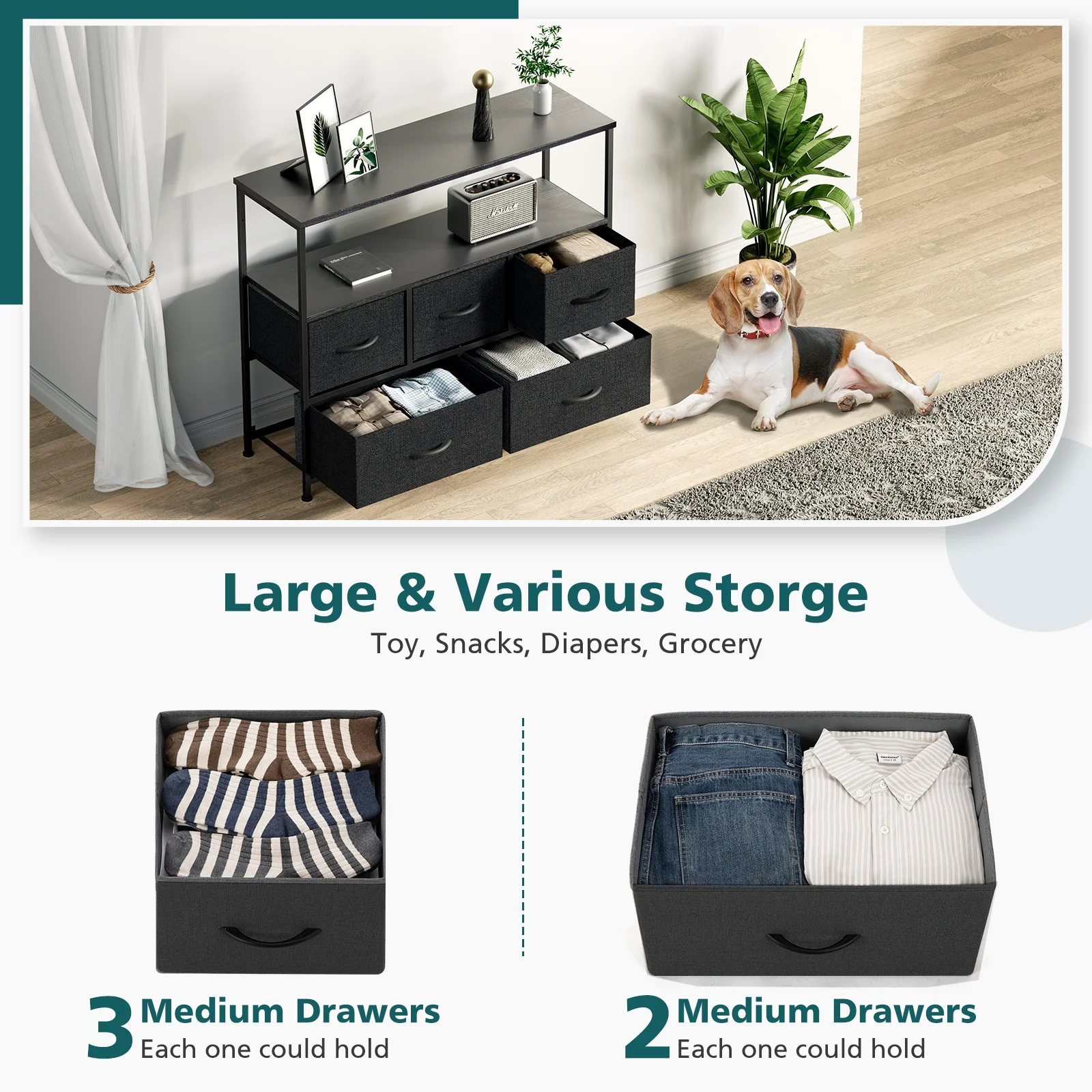 Modern Bedroom Drawer Fabric Dresser, Metal Frame with Five Drawers, Two Open Storage Shelves, Load Capacity 66 lbs Storage Cabinet