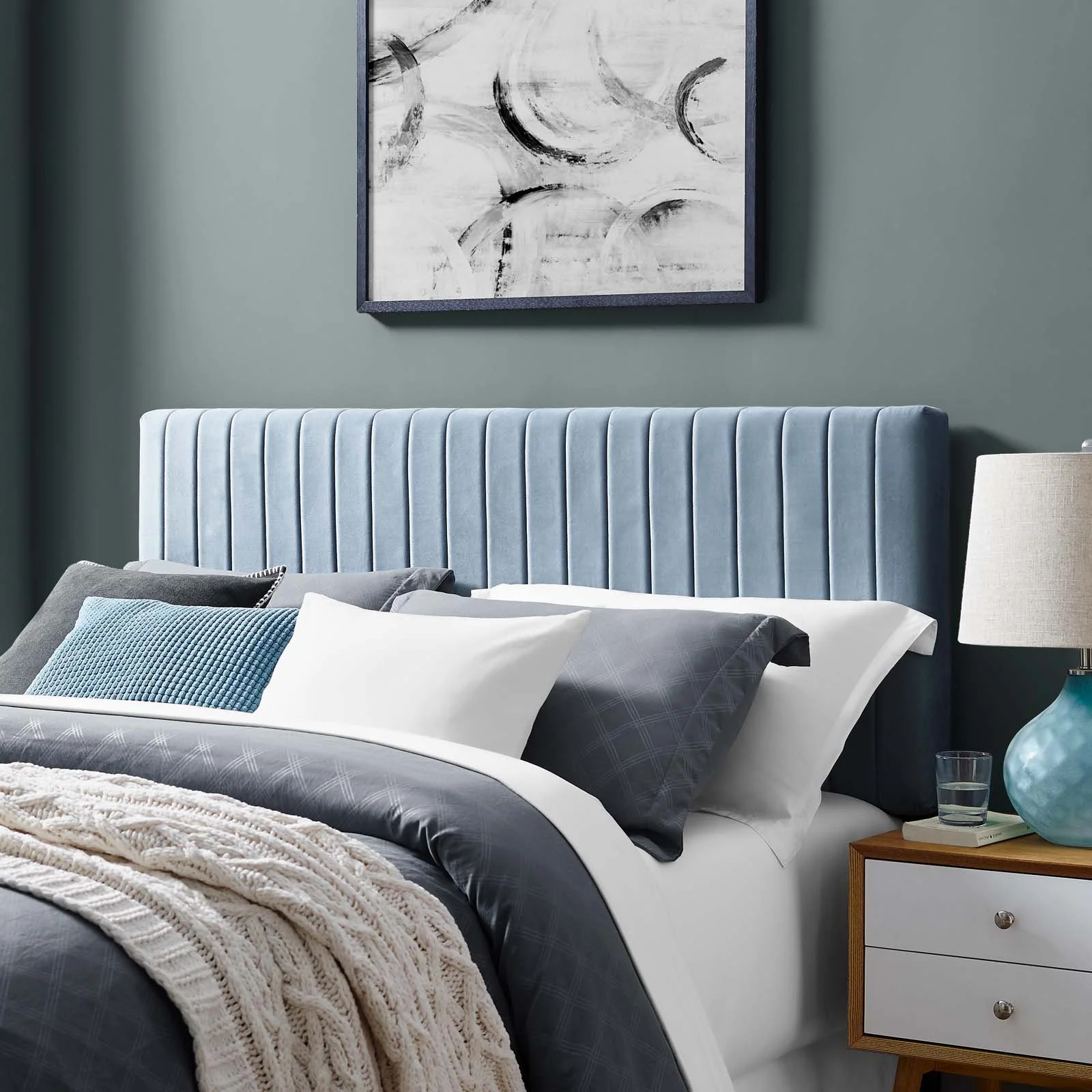 Contemporary Modern Urban Designer Bedroom Full and Queen Size Headbaord, Velvet Fabric, Light Blue