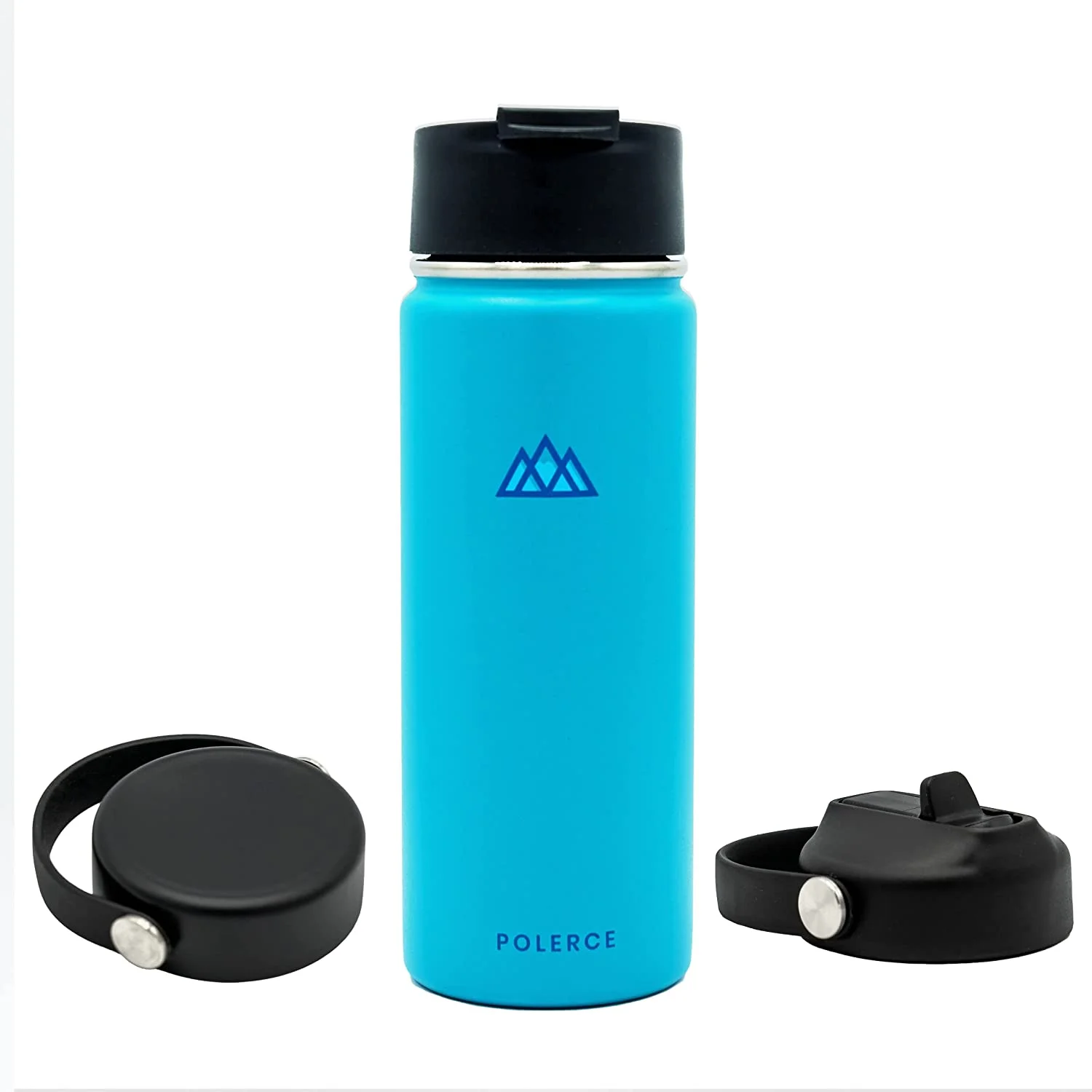 Vacuum Insulated Bottle with 3 Lids - Stainless Steel Thermally Insulated Flask - by Polerce (18 Oz, Aqua (Blue))