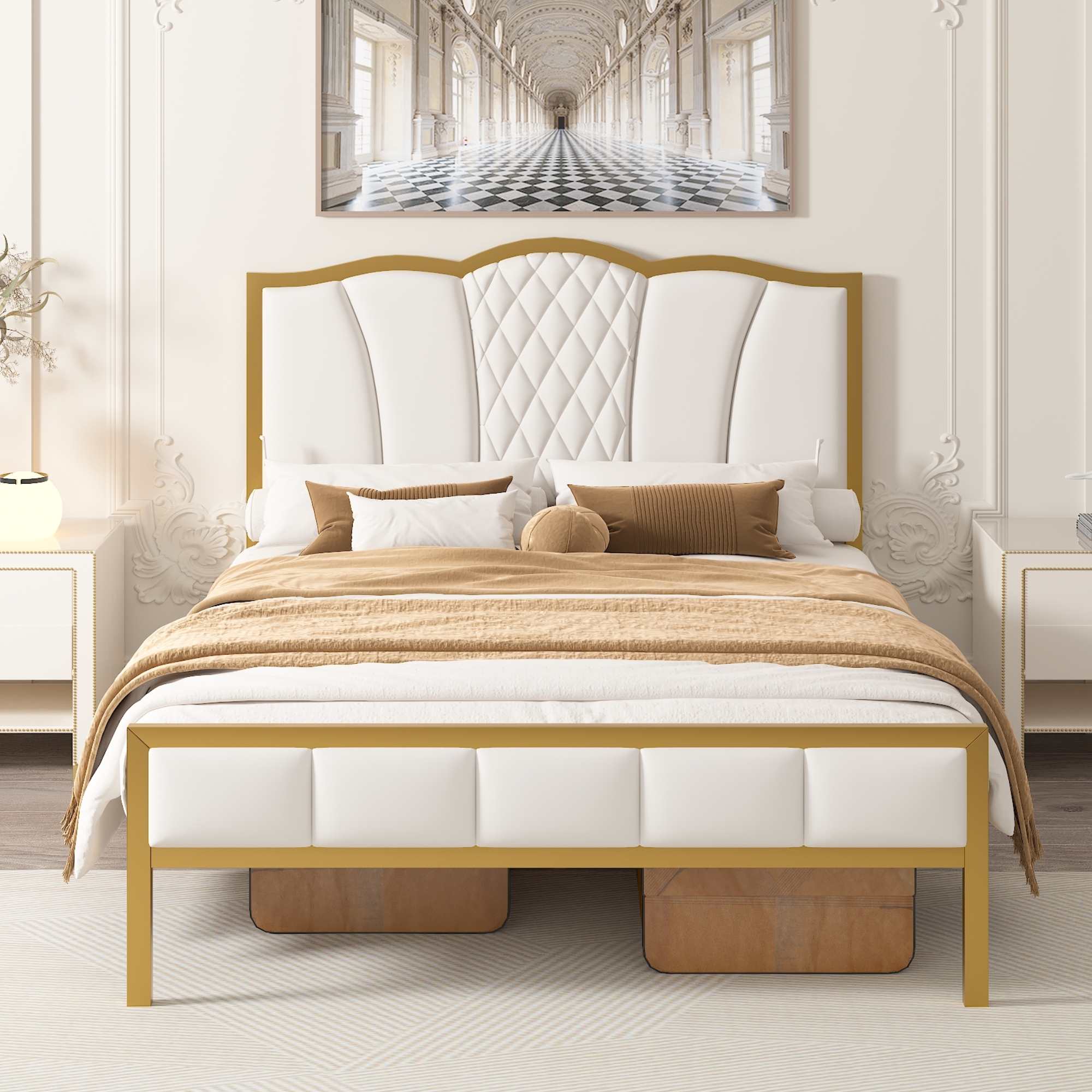 Full Size Bed Frame，Modern Upholstered Bed Frame with Tufted Headboard，Golden Metal Platform Bed Frame with Wood Slat Support，No Box Spring Needed Beige
