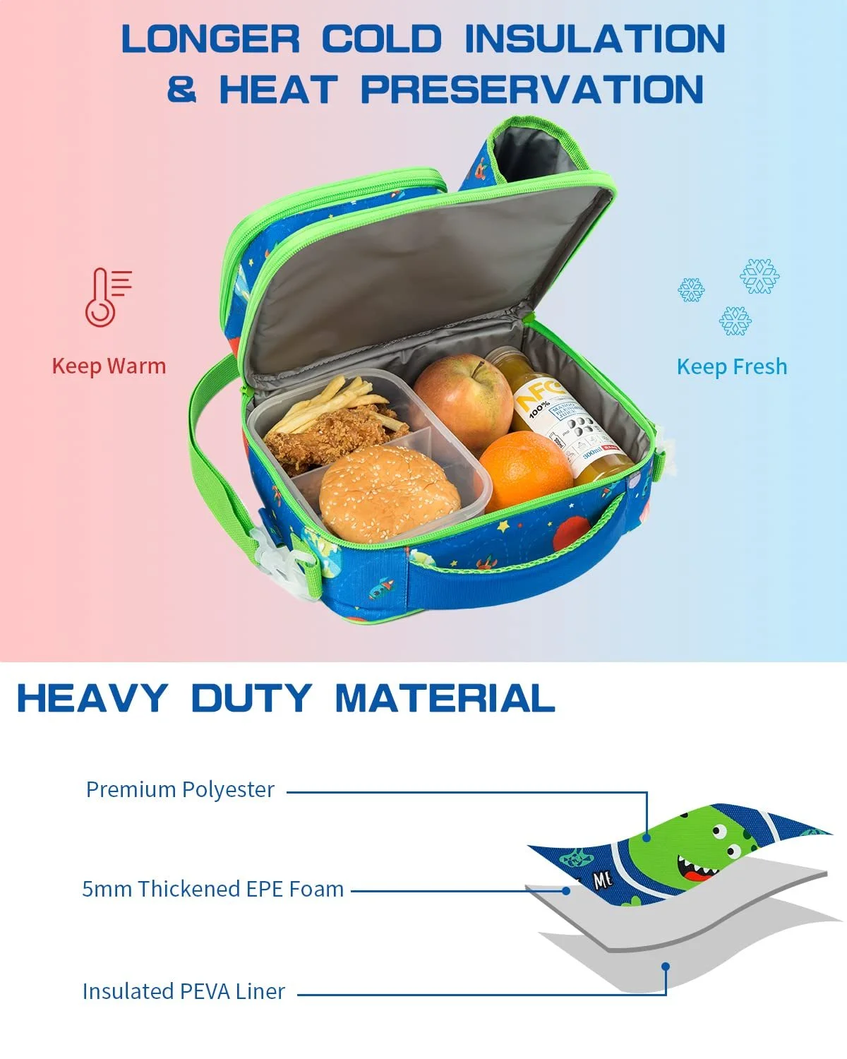 IvyH Kids Insulated Lunch Bag Reusable Lunch Box Thermal Meal Tote Bag,Leakproof Cooler Lunchbox 3 Compartments with Water Bottle Holder,Blue Dinosaur