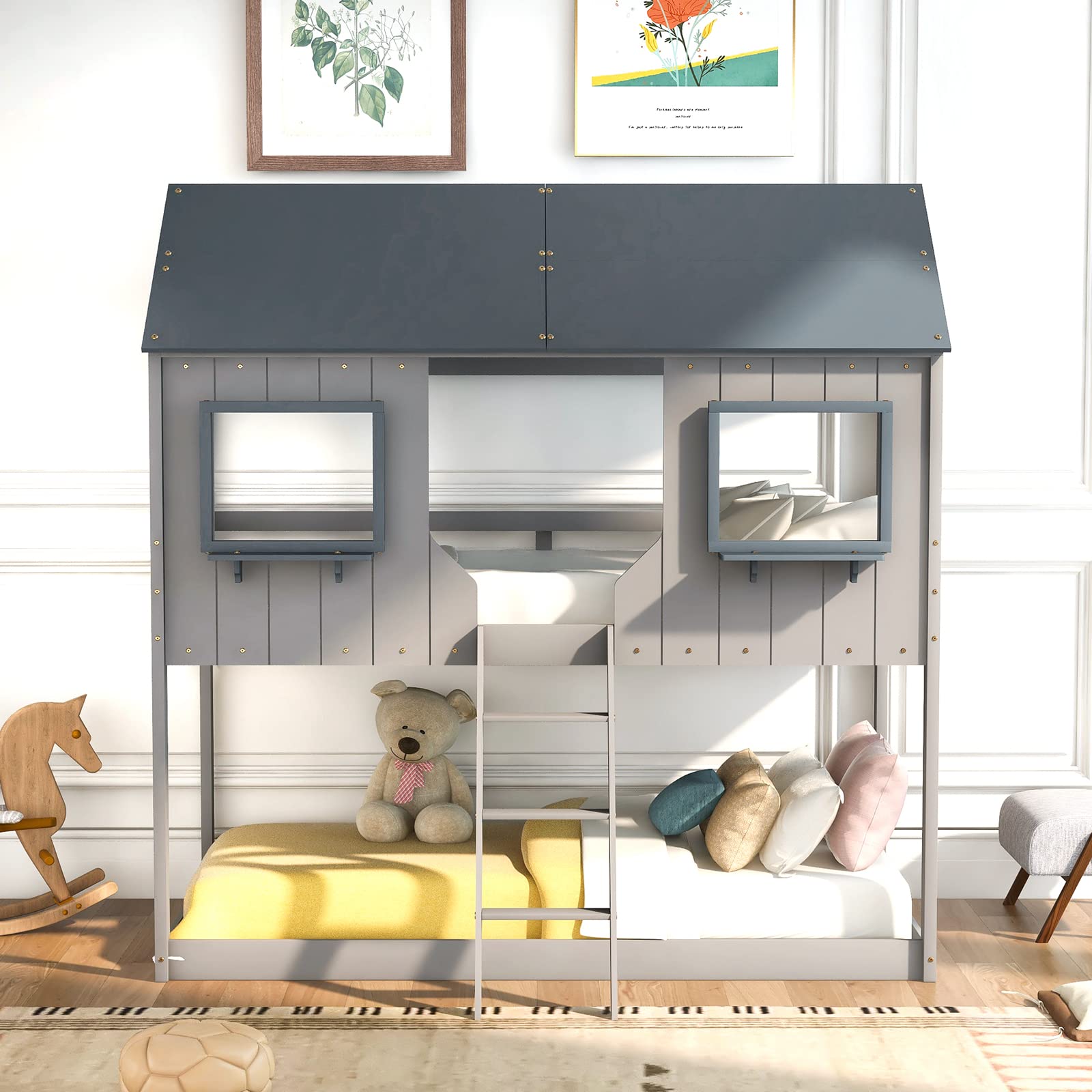 House Bunk Bed Twin Over Twin, Wood House Bed with Ladder, Low Bunk Bed with Roof, Window, Guardrail for Girls Boys, Light Gray