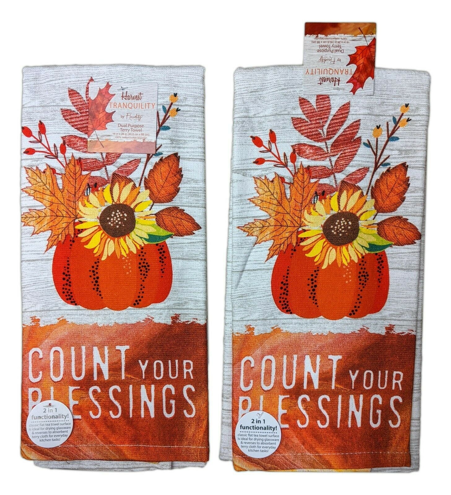 Set of 2 COUNT YOUR BLESSINGS Sunflower Terry Kitchen Towels by Kay Dee Designs