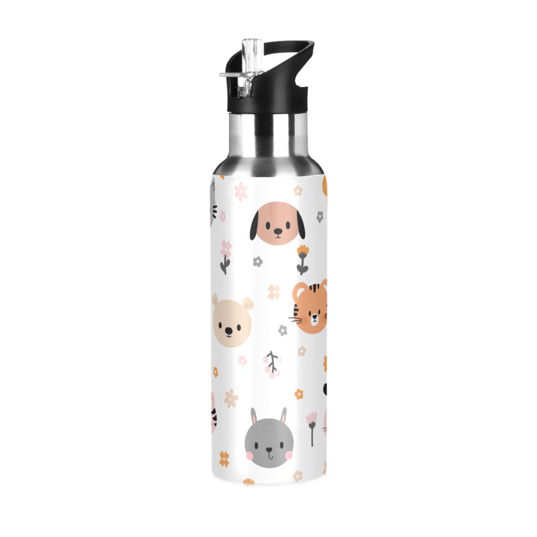 Cute Cats and Dogs Floral Water Bottles Insulated Thermos Kids Stainless Steel Bottle with Straw Lid Flask Leakproof for Sports Gym 20 oz