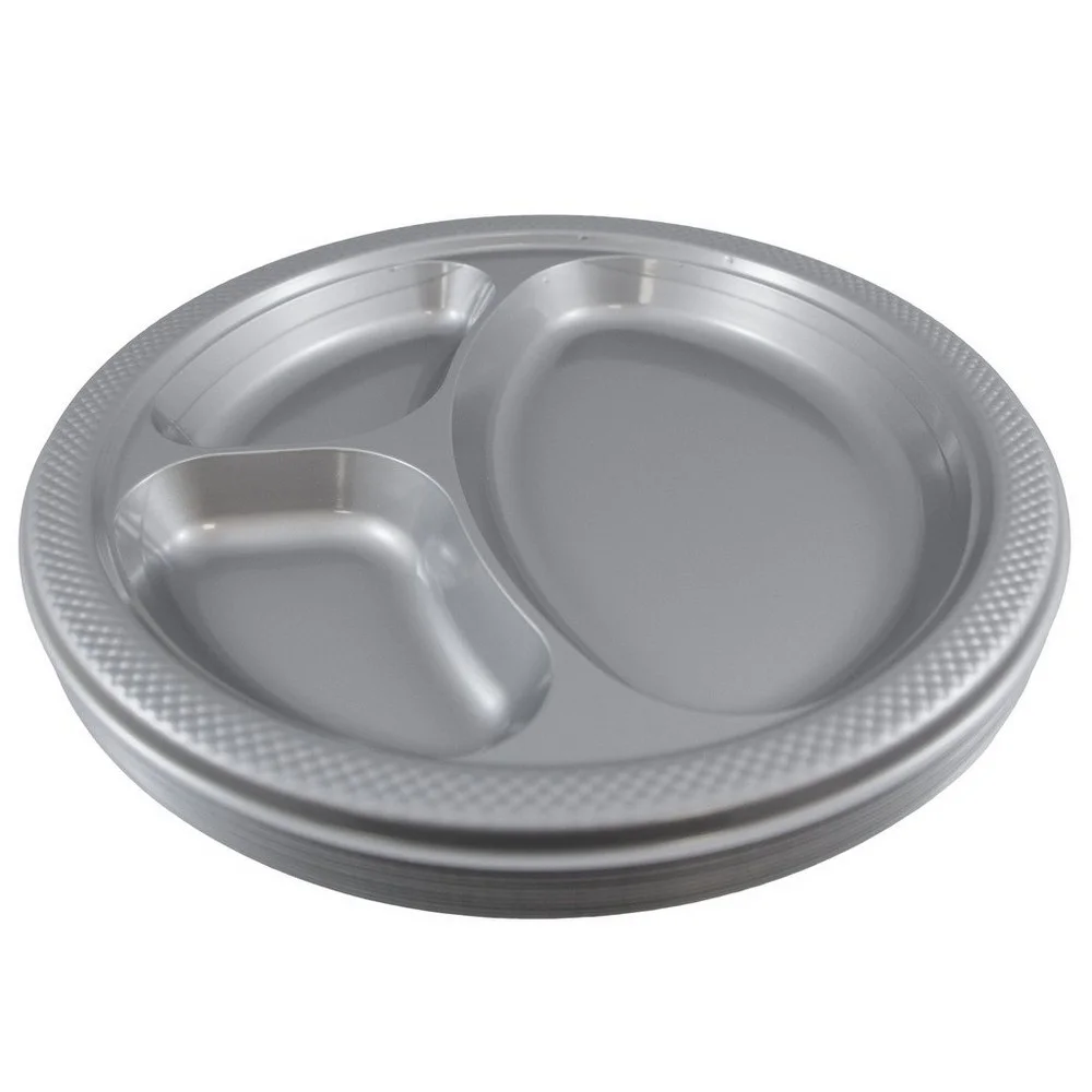 JAM Paper Large Silver Plastic 3 Compartment Plates, 10.25 Inches, 20 per Pack