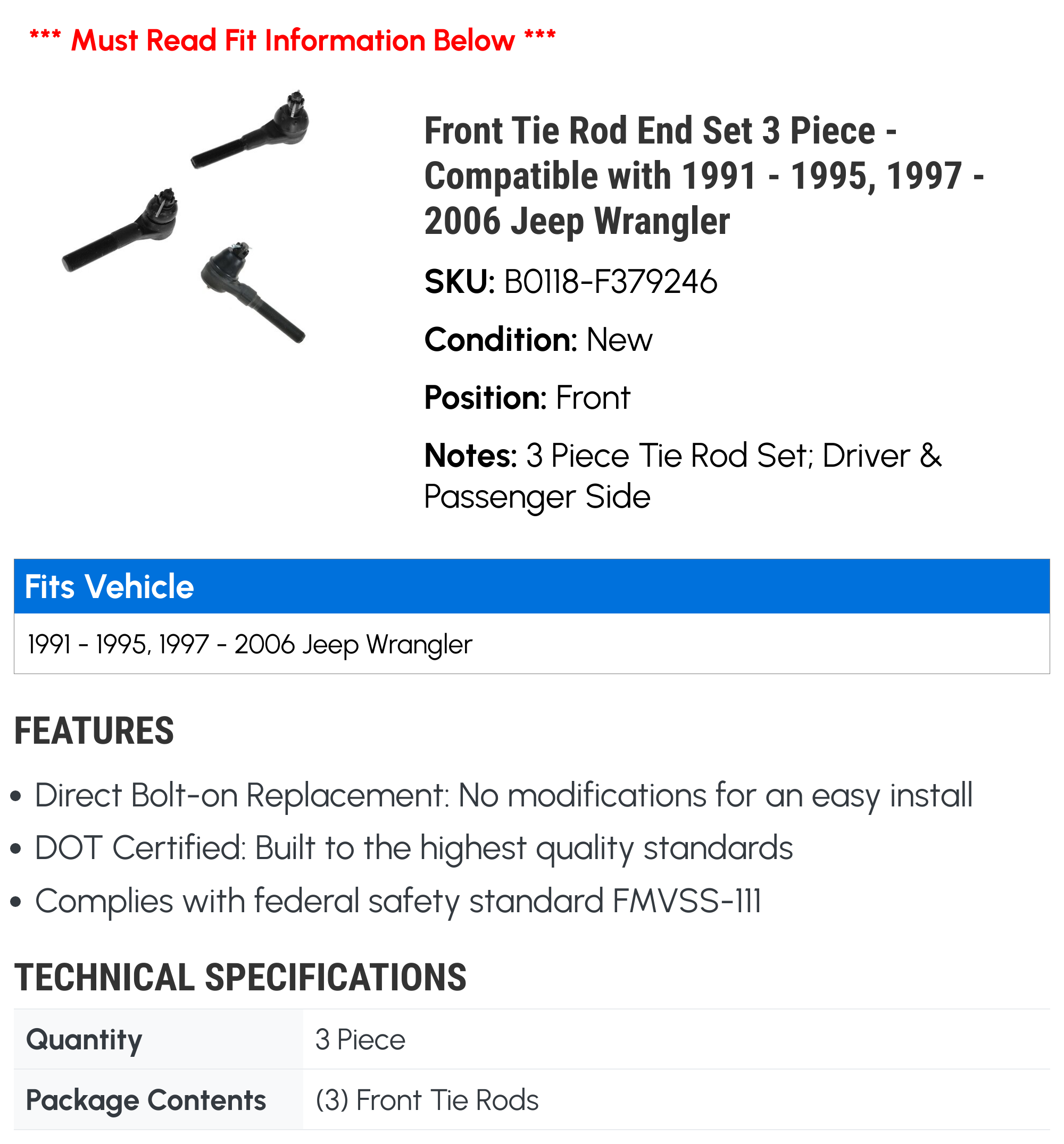 Front Tie Rod End Set 3 Piece - Compatible with 1991 - 1995, 1997 - 2006 Jeep Wrangler 1992 1993 1994 1998 1999 2000 2001 2002 2003 2004 2005