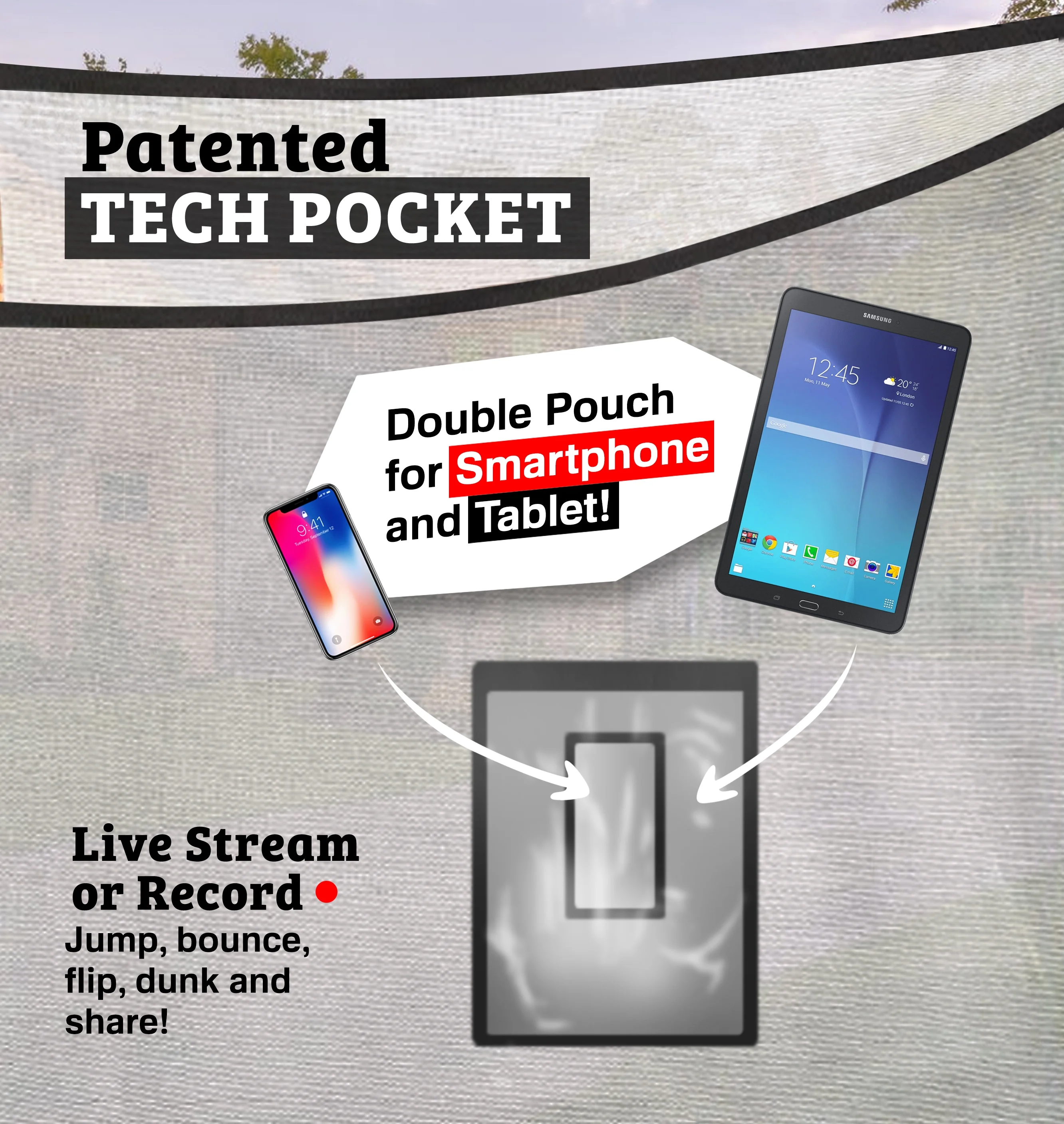 Machrus Upper Bounce Trampoline Net - Trampoline Safety Net Fits 13 x 13 ft Square Trampolines using 4 Arches - W/ Smartphone/Tablet Pouch for Selfie & Livestream- Net Replacement w/ Top Sleeves