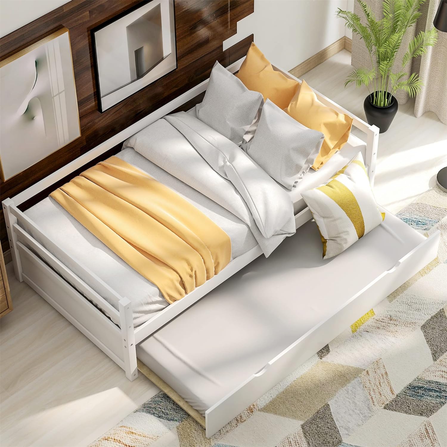 Daybed With Trundle, Solid Wood Bed Frame, White