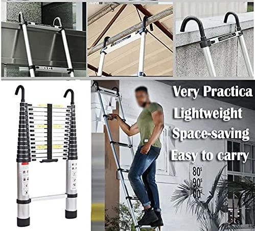 Bowoshen 16.5Ft Aluminum Telescoping Ladder,2 Detachable Hooks Multi-Use Retractable Foldable Extension Step Attic Ladder,330lbs Load Capacity