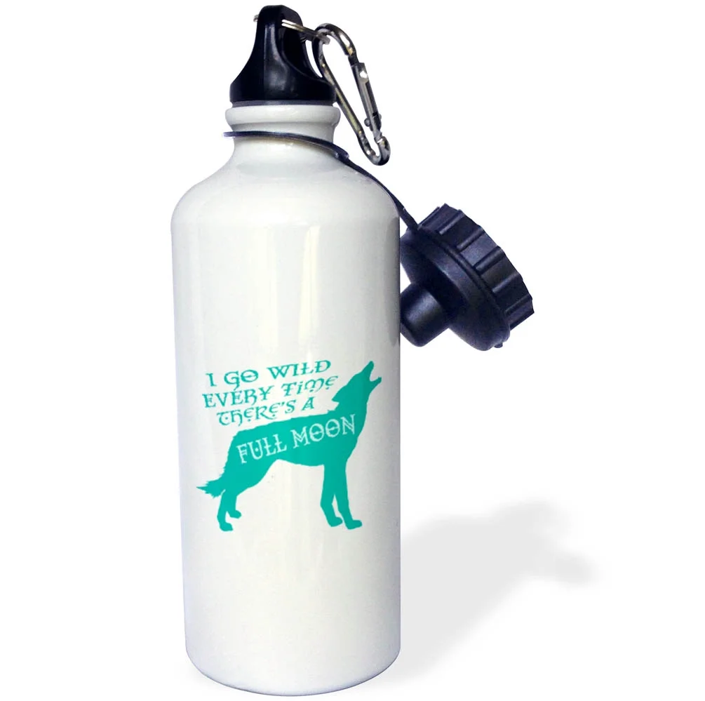 3dRose Howling Wolf Design- Full Moon in Teal and White - Water Bottle, 21-ounce