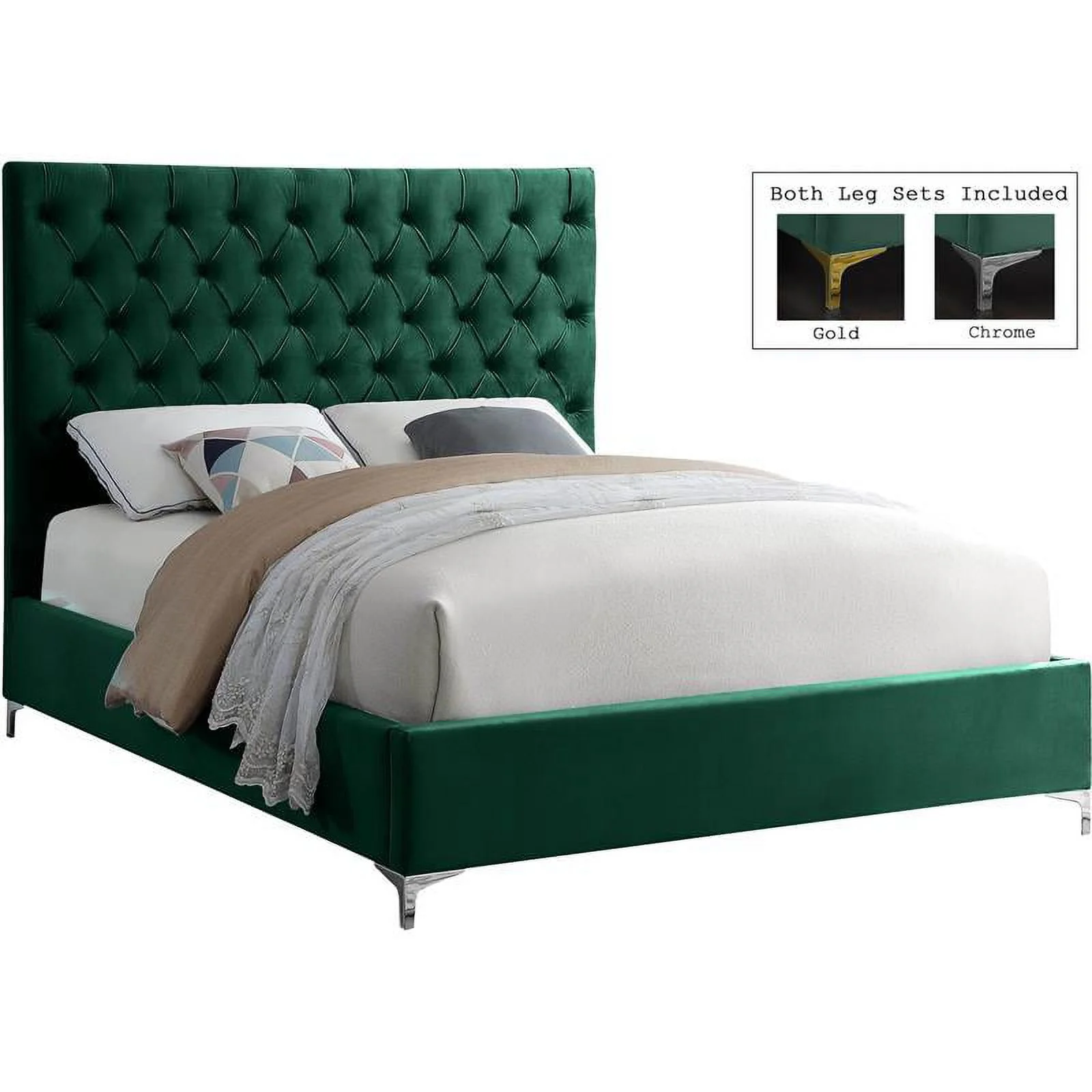 Meridian Furniture Cruz Solid Wood Tufted Velvet King Bed in Green