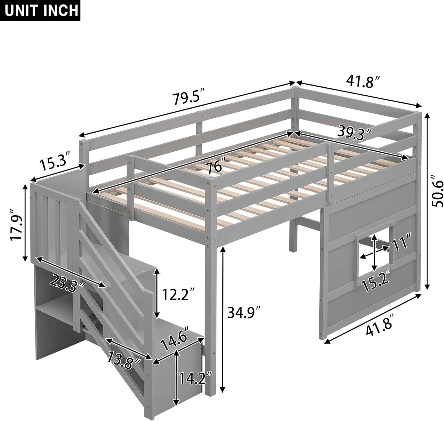Twin Size Low Loft Bed with Stairs,Wood Loft Bed for Kids,Loft Bed Twin with Window Design, Space-Saving Twin Bed for Girls Boys,Grey