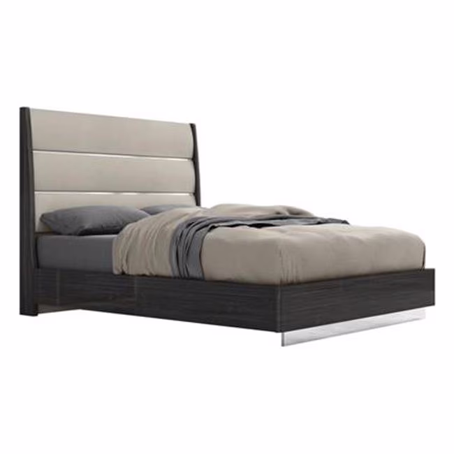 50 x 60 x 80 in. Queen Size Dark Gray High Gloss Bed Frame with Faux Leather Headboard