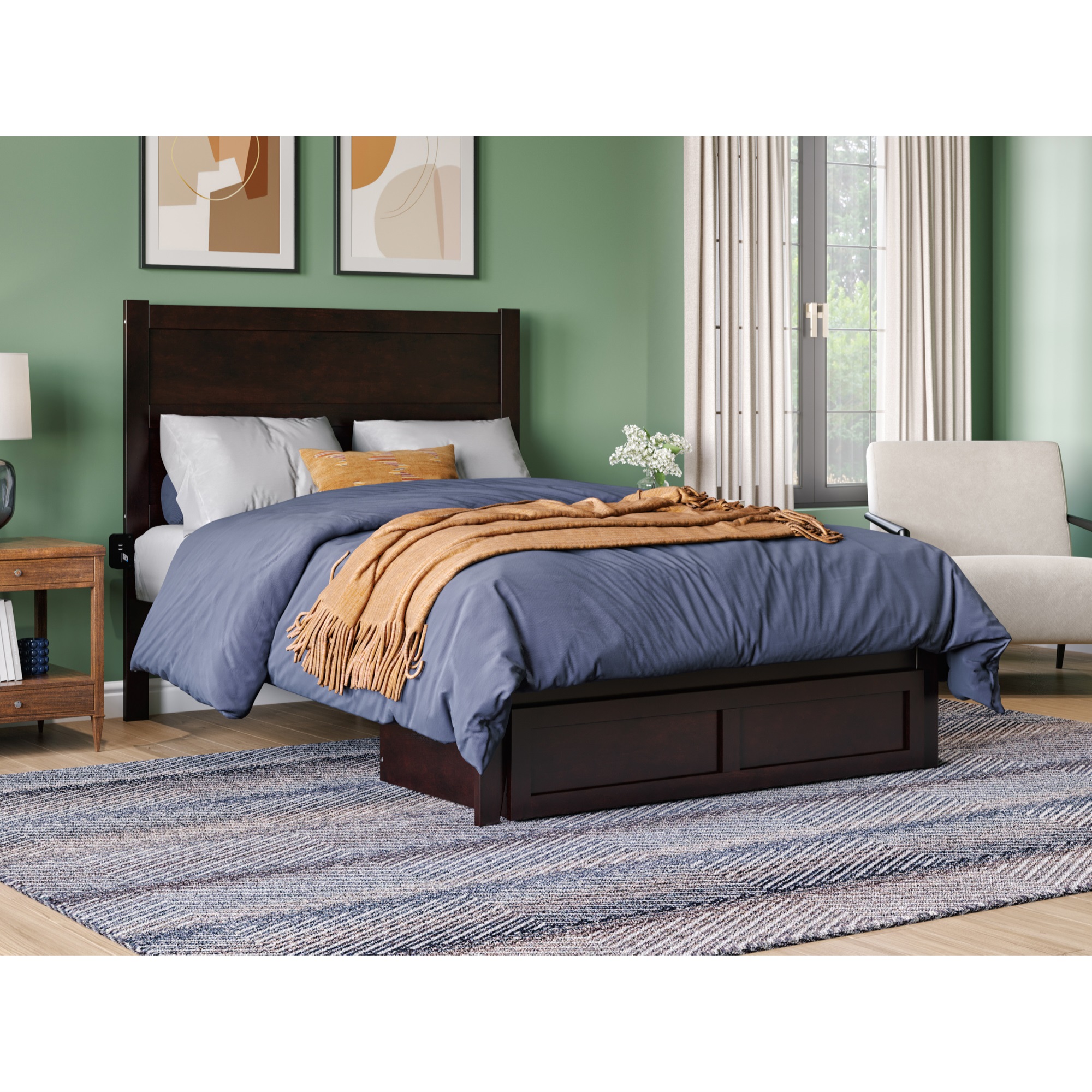 NoHo  Solid Wood Platform Bed with Foot Drawer Storage & Attachable USB Charger, Espresso - Full Size