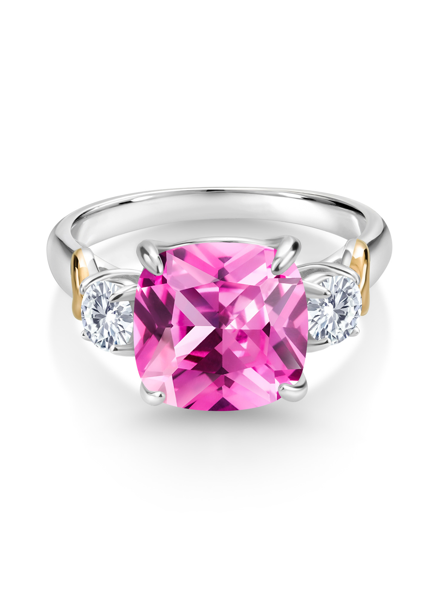 925 Silver and 10K Yellow Gold Created Sapphire and Moissanite from Charles & Colvard 3 Stone Ring For Women (5.26 Cttw, Gemstone Birthstone, Cushion 10MM, Round 4MM, Available In Size 5, 6, 7, 8, 9)