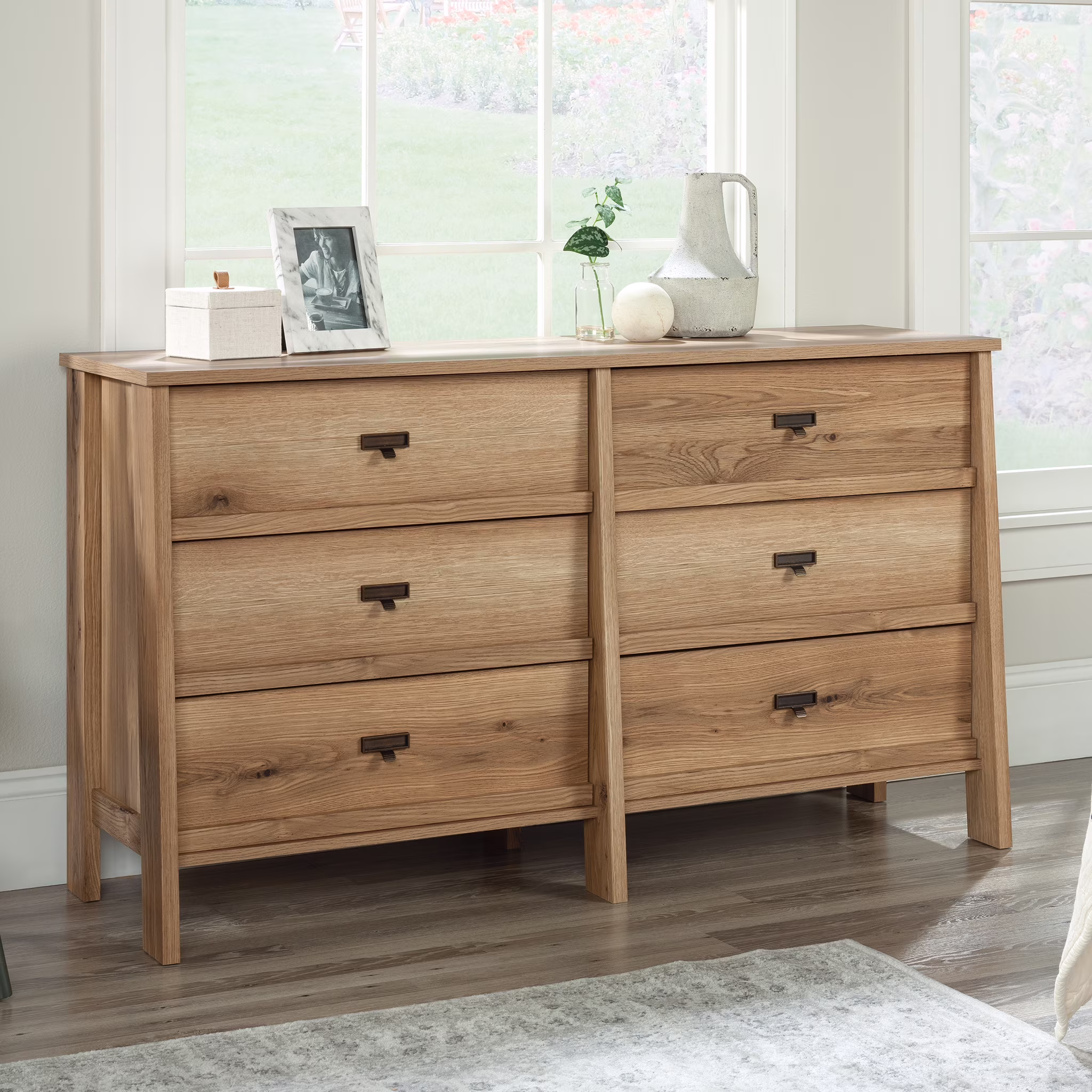Sauder Trestle 6-Drawer Bedroom Dresser in Timber Oak, Timber Oak Finish