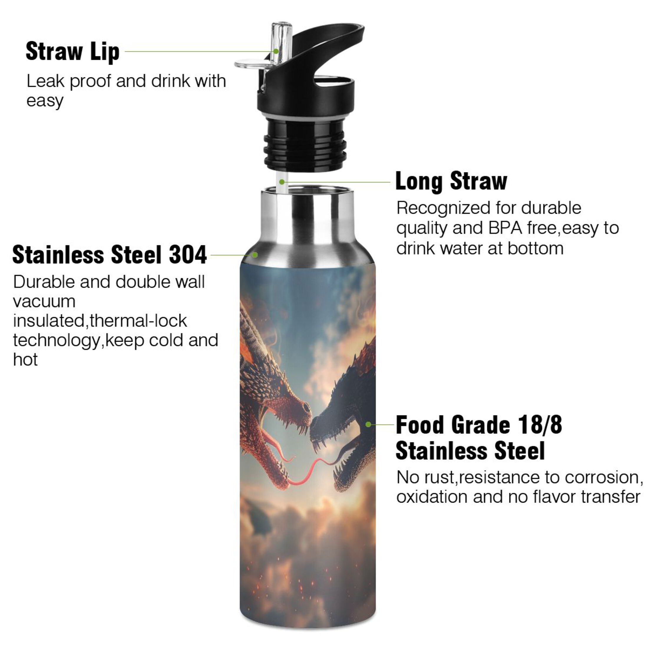 Dragons Fire in Sky Water Bottles Insulated Thermos Kids Stainless Steel Bottle with Straw Lid Flask Leakproof for Sports Gym 20 oz