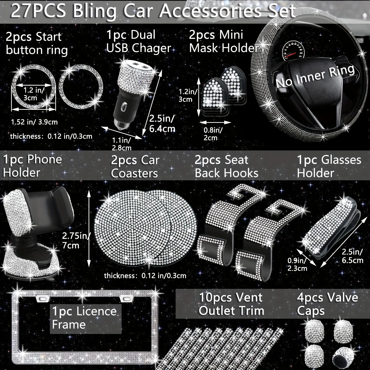 27pcs Bling Car Accessories Set For Women, Bling Steering Wheel Covers Universal Fit 15 Inch, Bling License Plate Frame, Phone Holder, Car Coasters