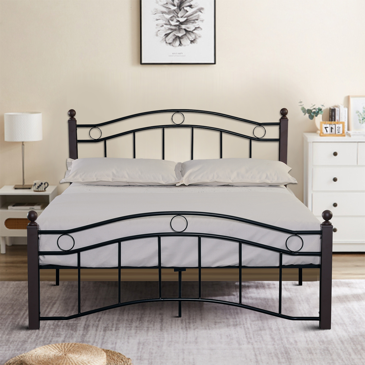 Vintage and Classic Style Full Size Metal Frame Platform Bed with Headboard and Footboard, Black