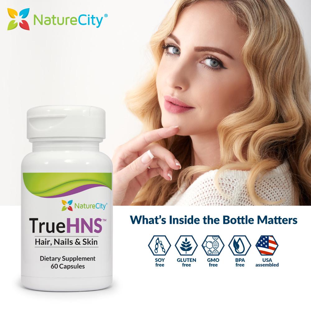 TrueHNS - Hair, Nails & Skin Supplement Featuring 500mg of Cynatine HNS Keratin, 1,000mcg of Biotin, and 20mg of Bamboo Extract by NatureCity (30 Capsules)