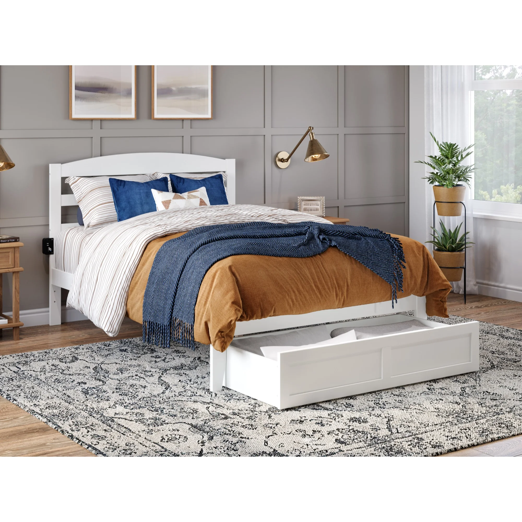 AFI Warren Solid Wood Traditional Queen Bed w/ Drawer in White