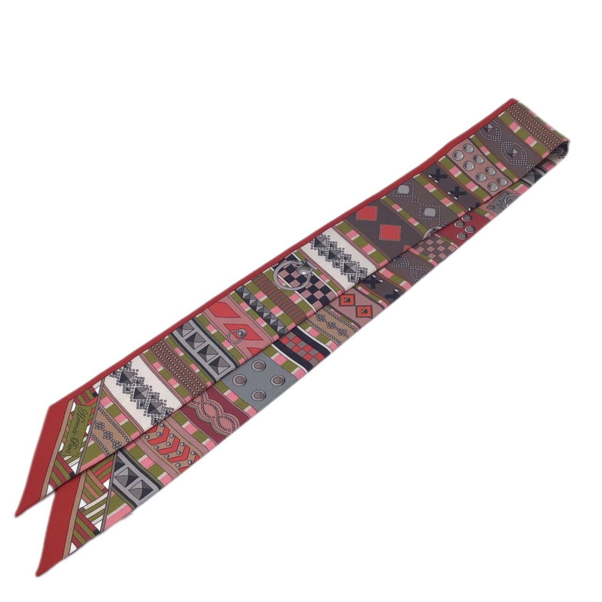 Pre-Owned HERMES COLLIERS DE CHIENS Collier de Chien Framboise Khaki Taupe Silk Scarf Twilly Collar Bag Accessories Ladies (Good)