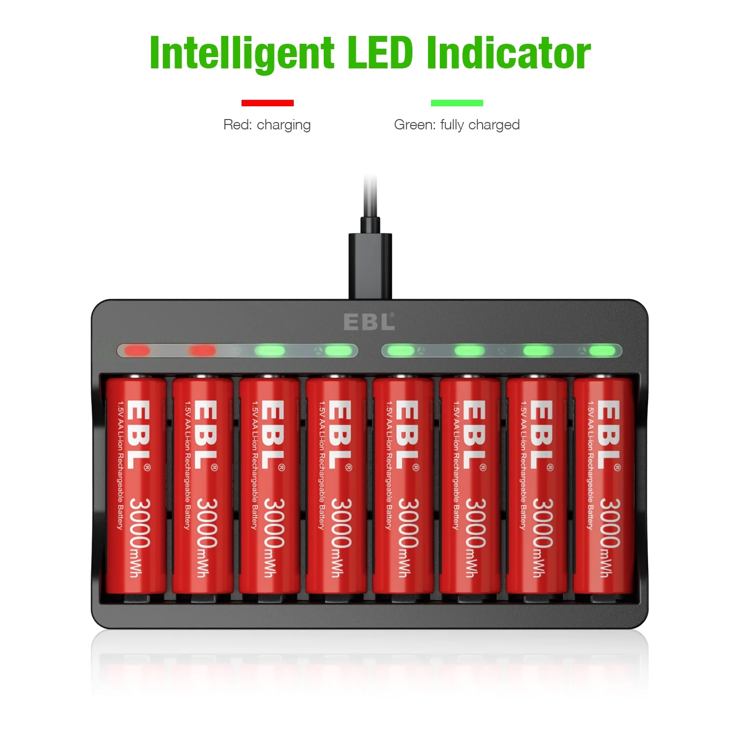 EBL Lithium-Ion Rechargeable AA Batteries (8-Pack) + 8 Slots Smart Battery Charger
