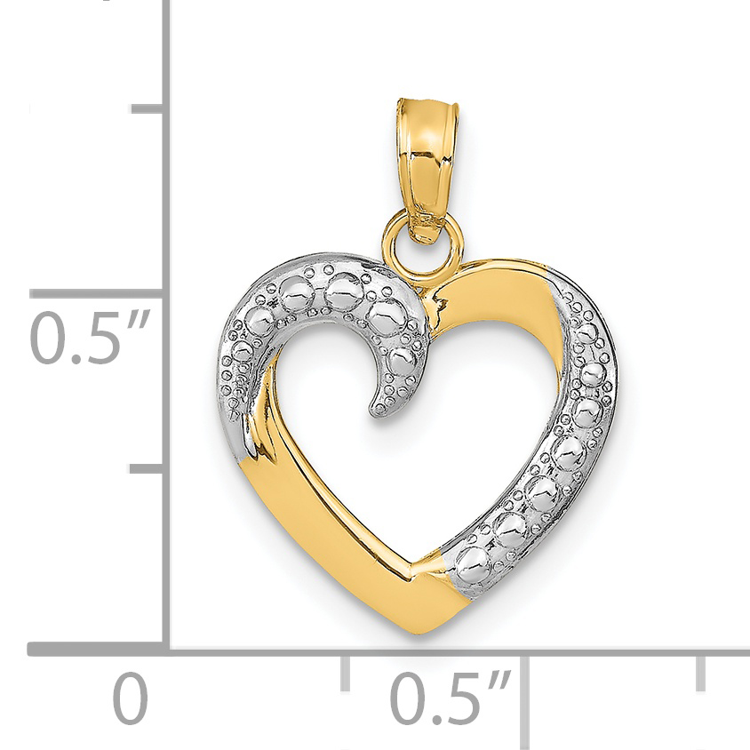 14K Two-Tone Gold And Rhodium Polished And Textured Heart Pendant (18.1 mm x 14.6 mm) With 10K Yellow Gold Lightweight Rope Chain 18