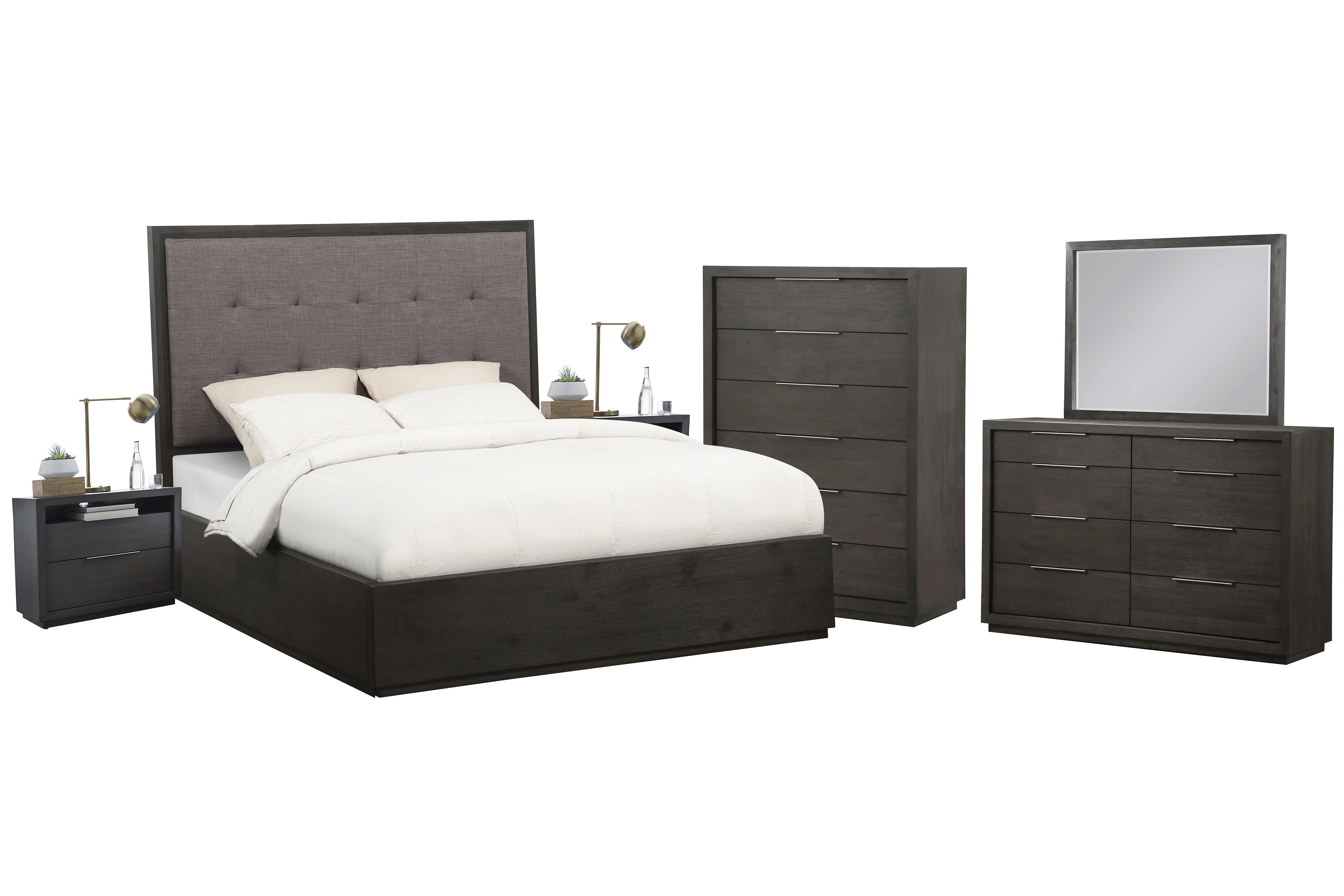 Outbound 6PC Full Storage Bed, 2 Nightstand, Dresser, Mirror & Chest Set in Weathered Grey