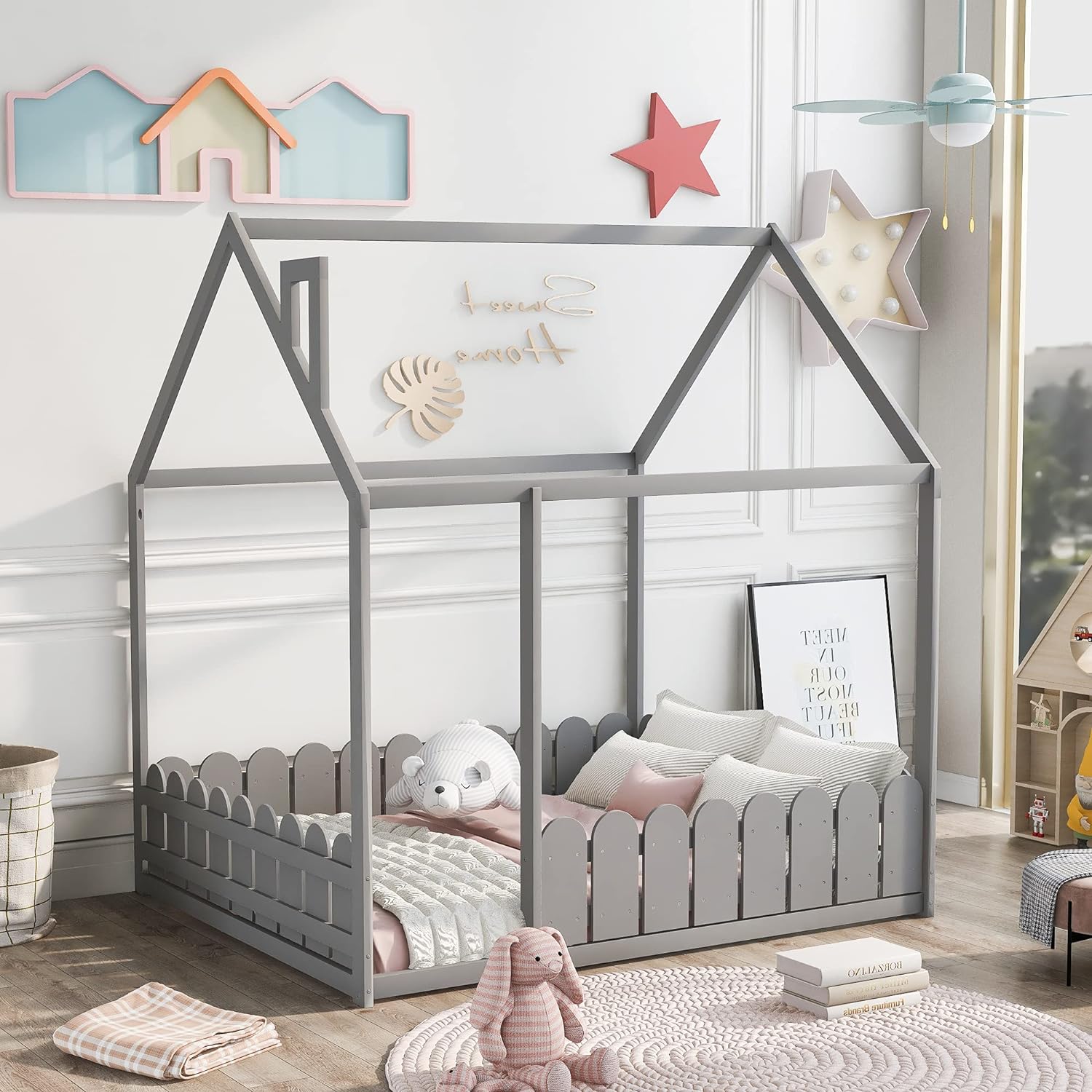 Full Size Bed House Bed, Motessori Beds Frame With Fece, Kids Wood Floor Cottage Beds, Playhouse Bed Frame For Girls Boys Tees, Box Sprig eeded, Grey