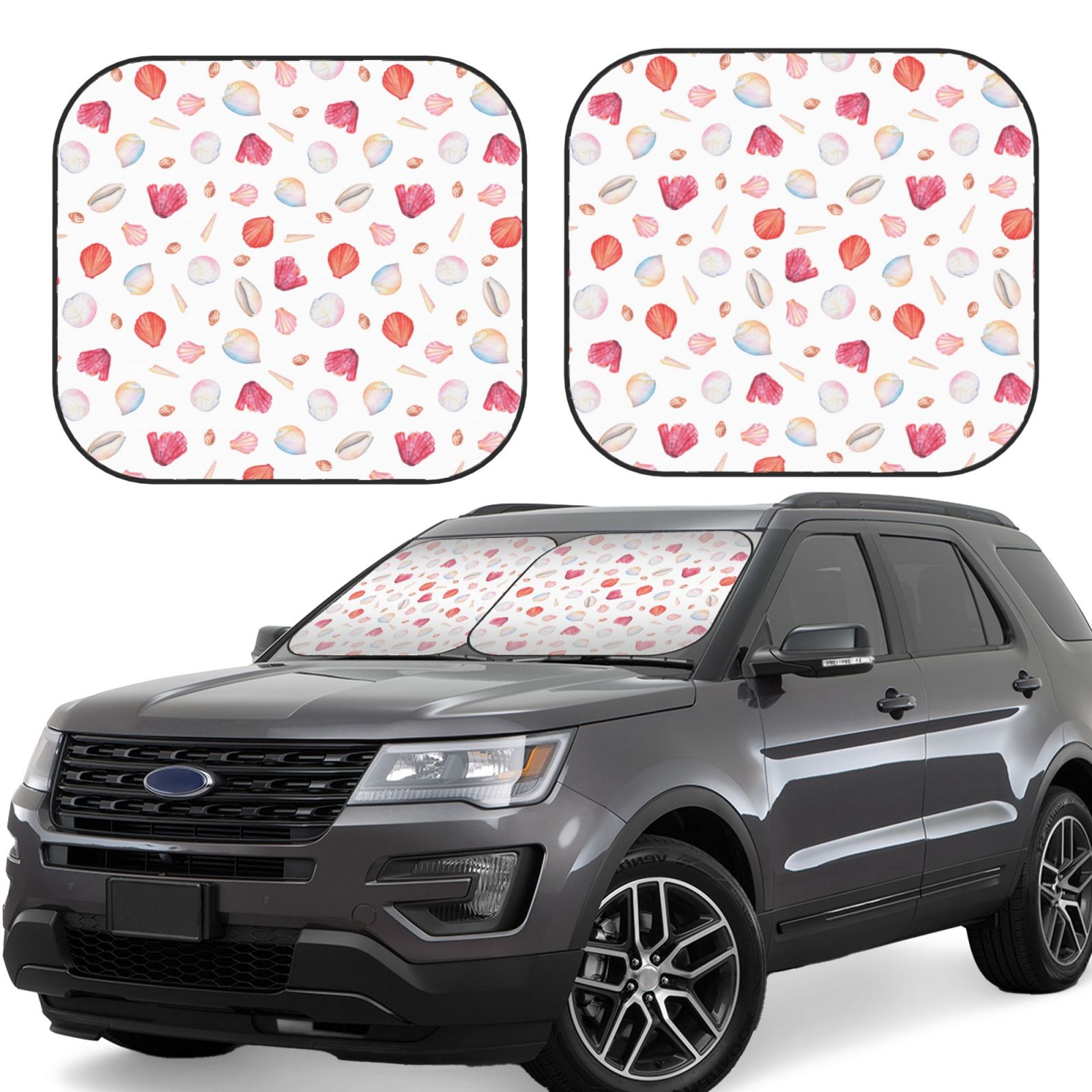 Lukts Red Coral And Scallop Seashell Print 2 Piece Car Sun Shade Windshield,Foldable Car Shade Front Windshield With Keeps Your Vehicle Cool, For Most Sedans Suv And Trucks - Small