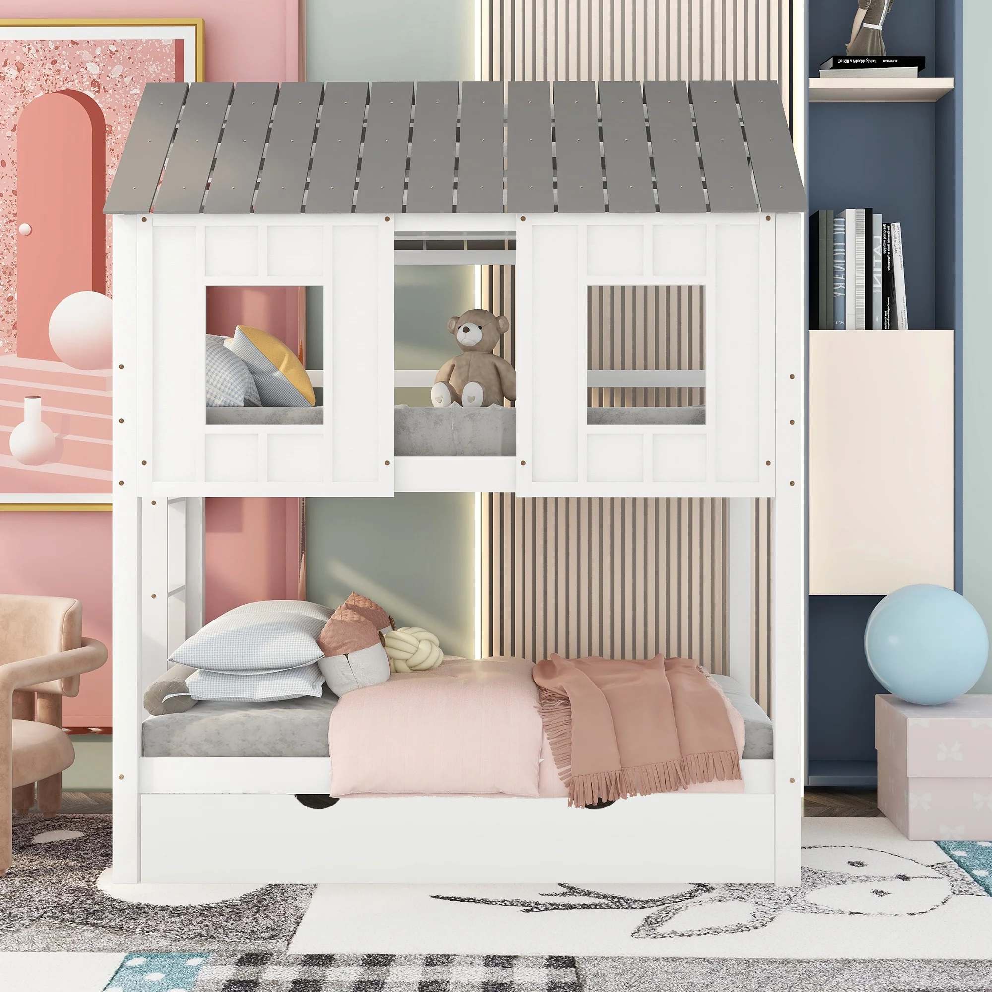 Bellemave Kids House Bunk Bed with Twin Size Trundle, Twin over Twin Bunk Bed with Roof and Window, Playhouse Bunk Bed for 3 Kids (White)