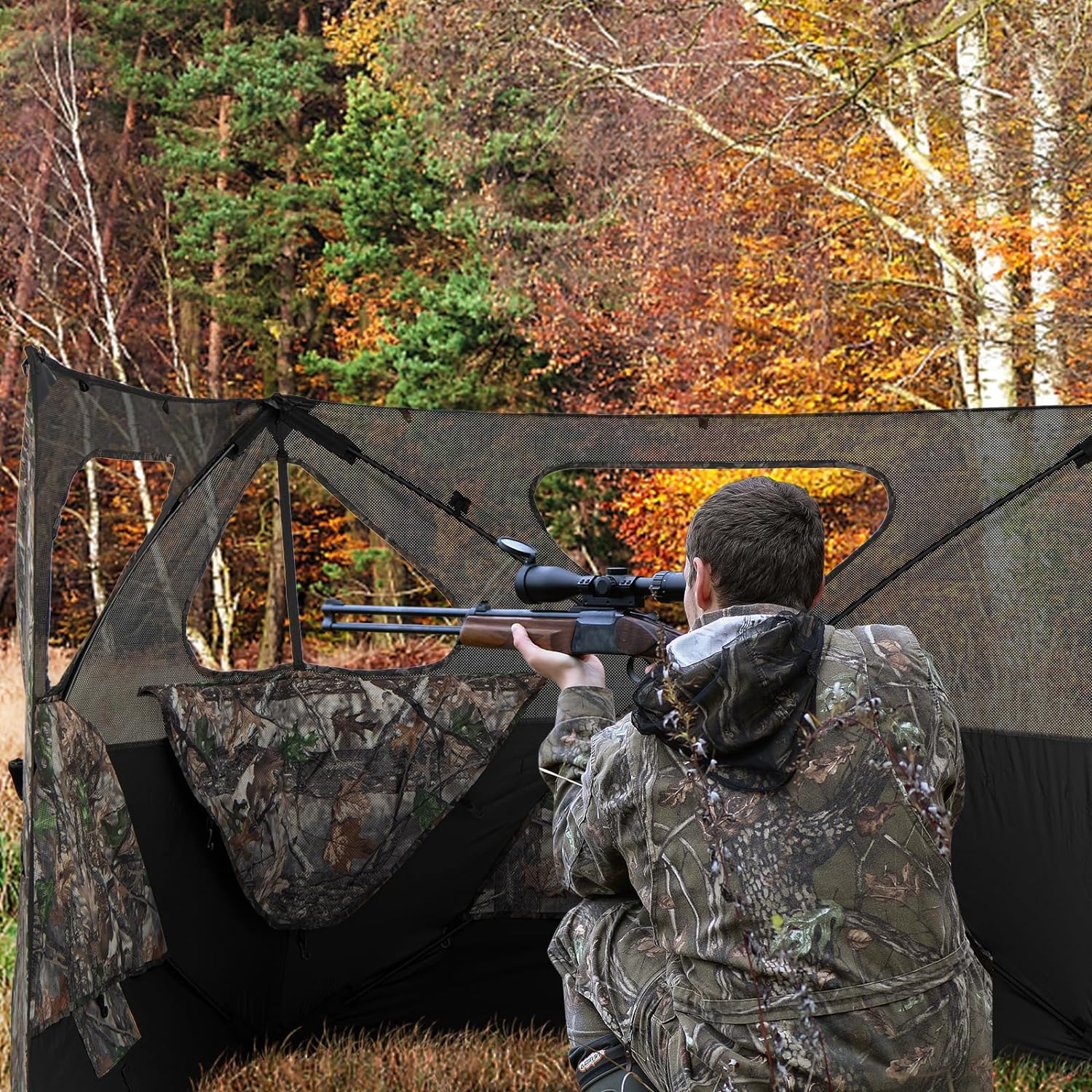 Hunting Blind 2-Panel Pop Up Ground Hunting Blind with 3 Shoot Through Ports, Camo Concealment, Brush-in Loops, High Wind Stability, Easy-Setup Hunting Fence for Deer Turkey