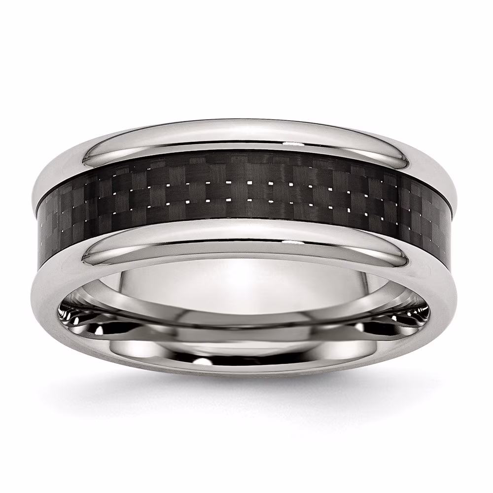 Auriga Stainless Steel Polished with Black Carbon Fiber Inlay 8 mm Band for Women Size 10