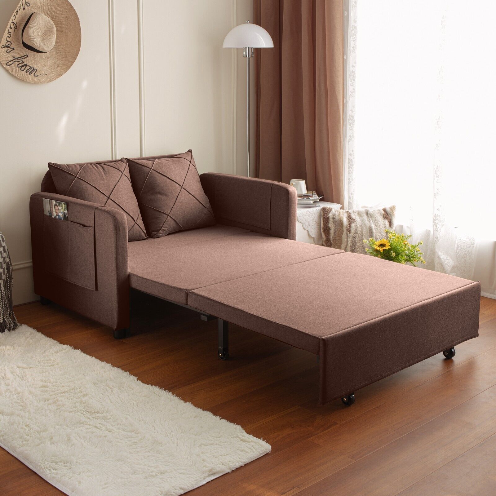 Modern Small Love Seat Pull Out Sofa Bed, Linen Futon Convertible Sleeper Couch With Storage Pillows for Bedroom Apartment Small Space